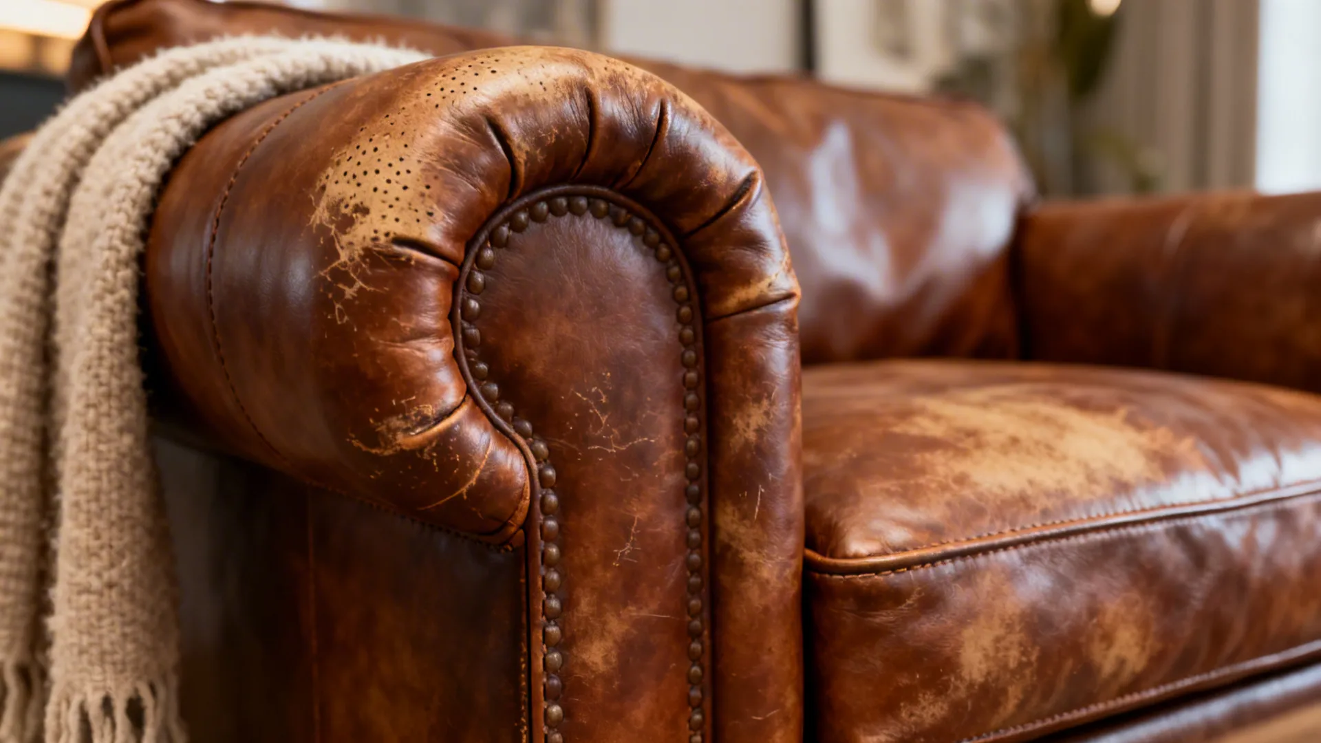 Macro view of full-grain leather sofa showing grain, stitching, and slight patina.