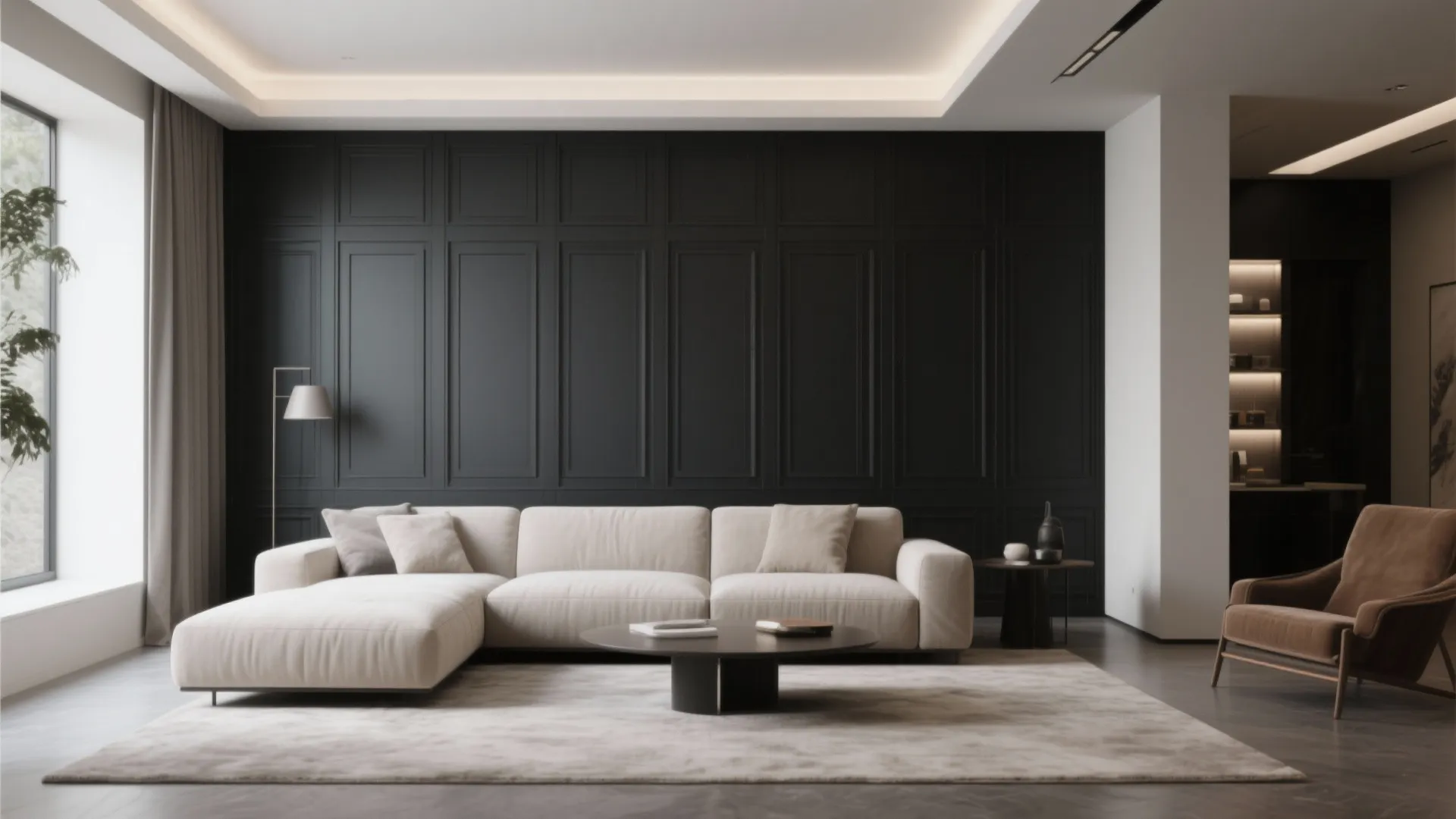 Modern living room with full-height charcoal paneled accent wall