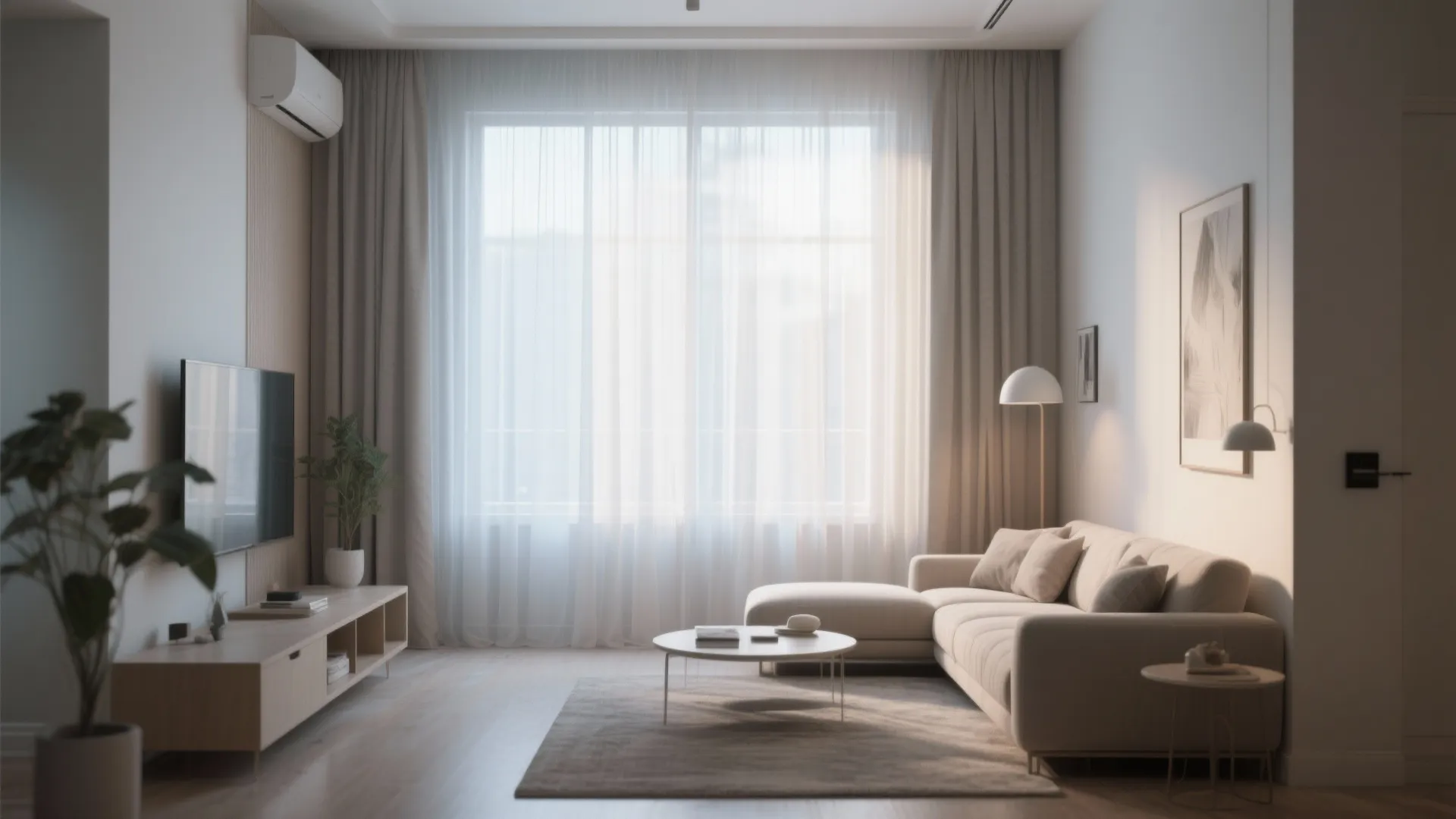 Modern living room with beige sofa, large window, white curtains, coffee table, and wood floor