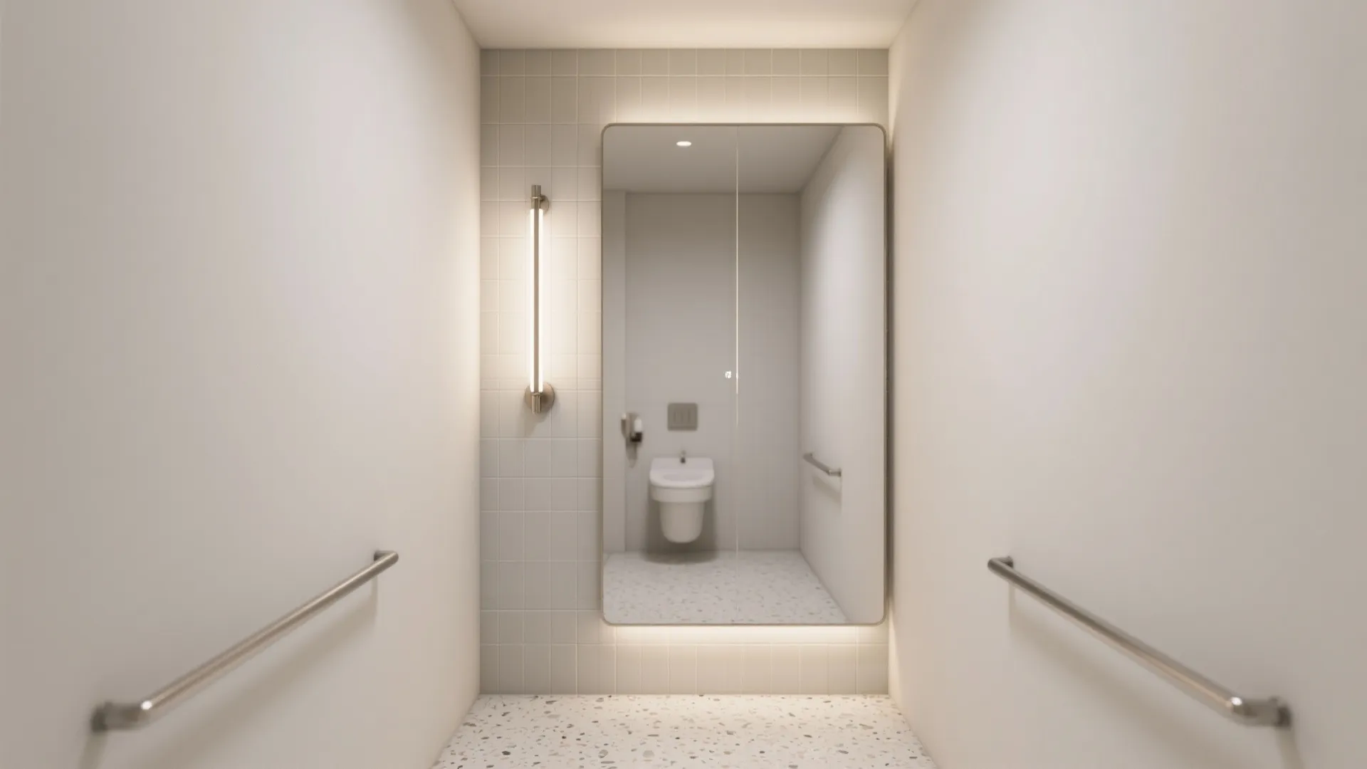 Minimalist bathroom hallway with a large mirror wall light metal handrails and white tiled walls