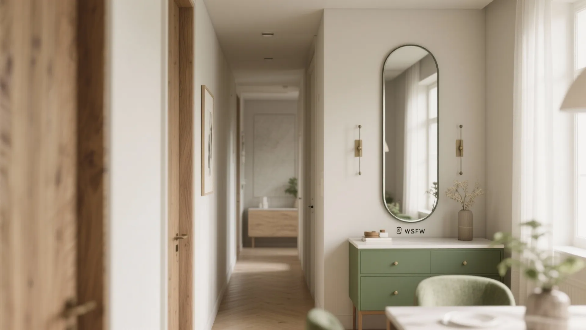1. Full-height slim mirror to visually widen the room