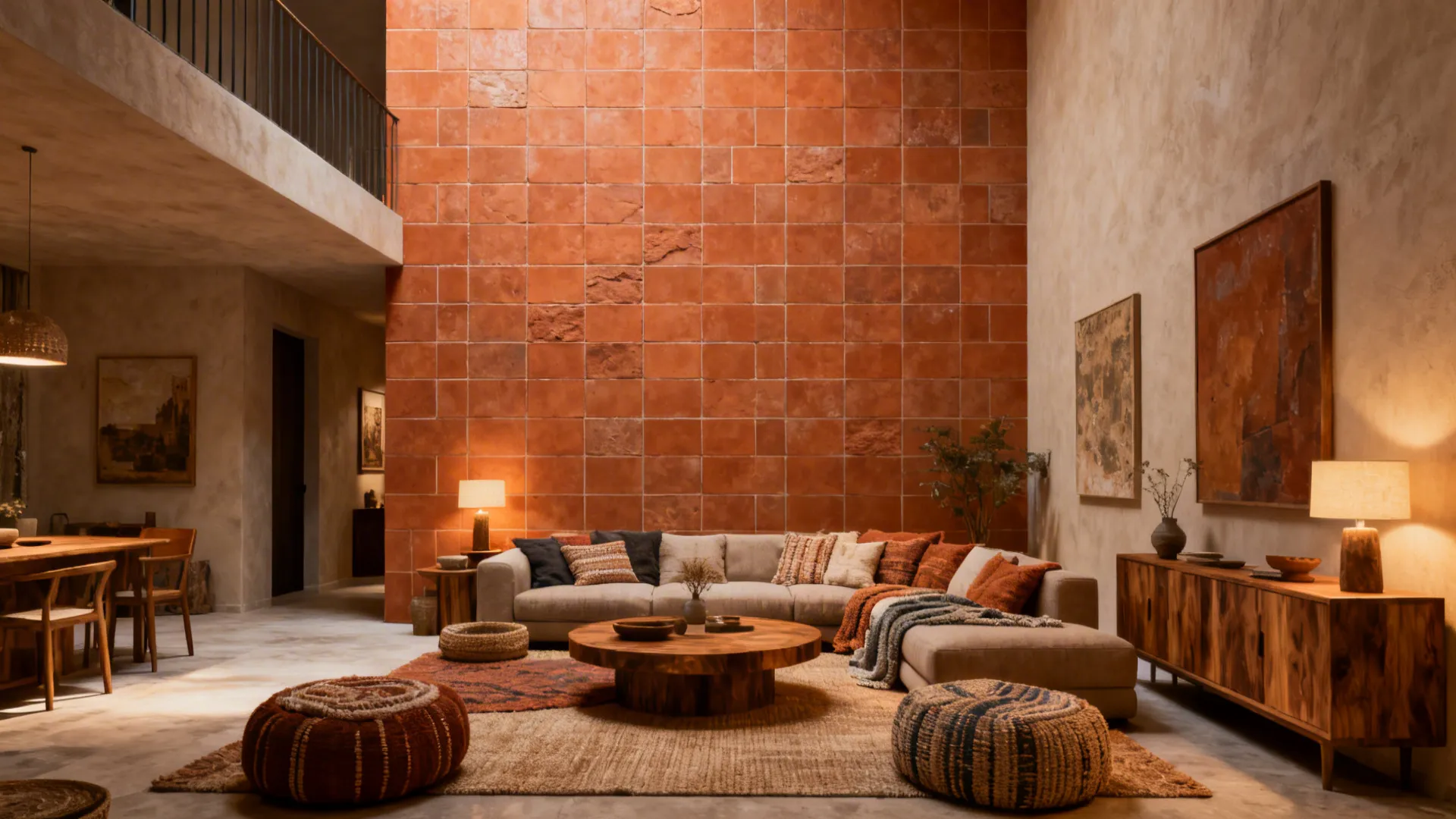 Small living room with a floor-to-ceiling terracotta tile wall balanced by warm textiles and wood furniture.