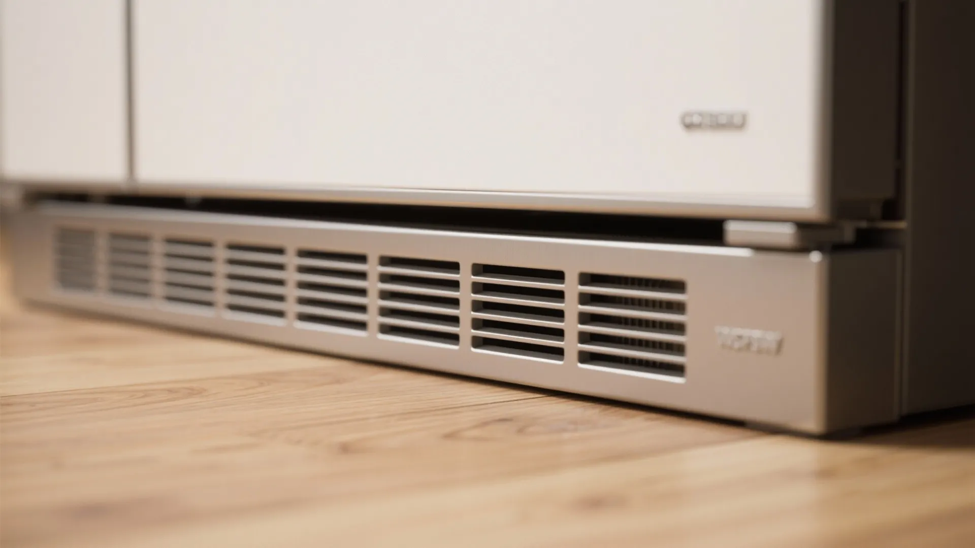 Close up of metal ventilation vent installed at bottom of kitchen cabinet for fridge cooling