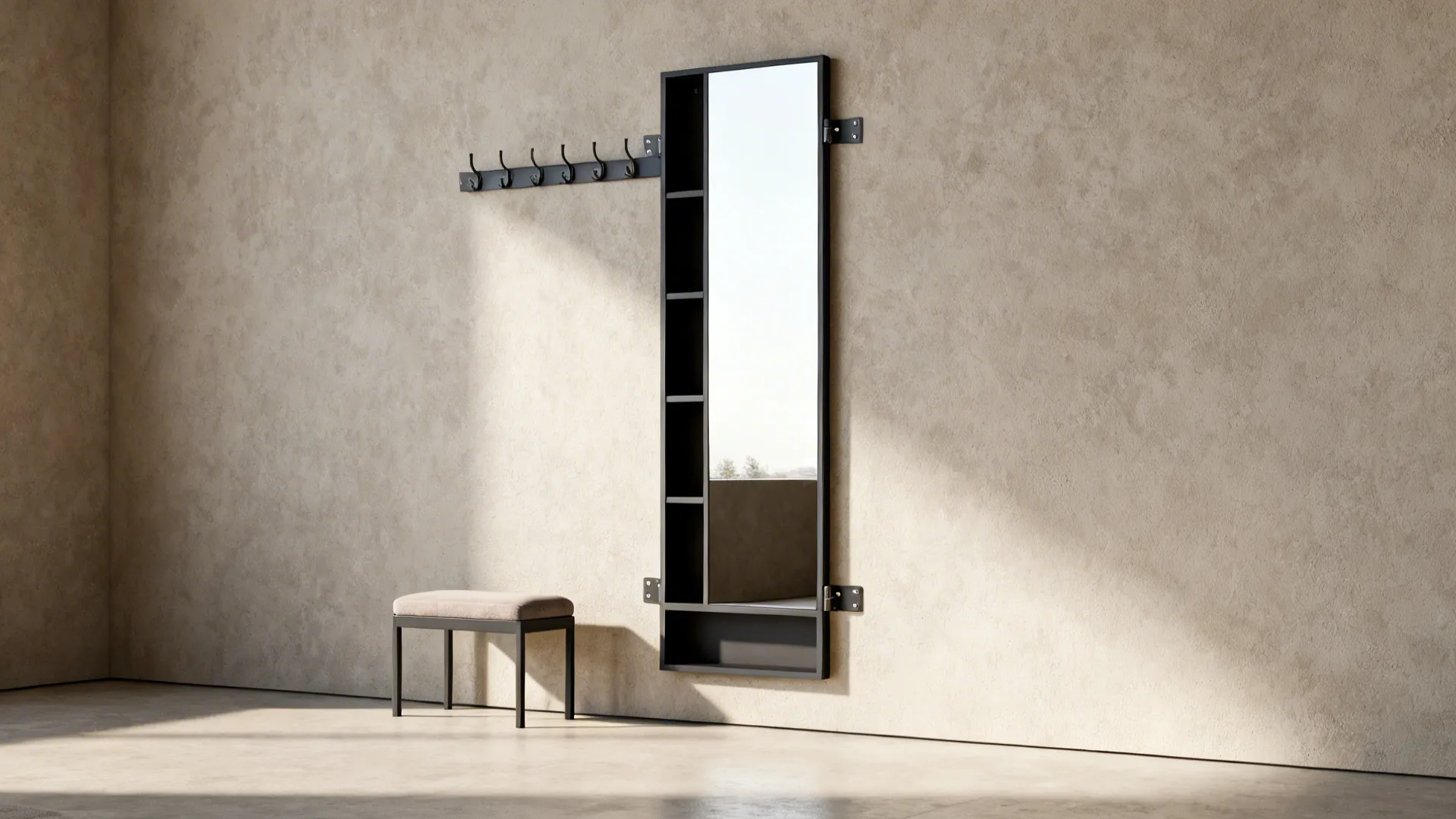 Minimalist room with a tall mirror featuring side shelves wall coat rack and small bench