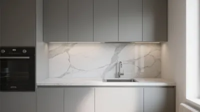 Modern Gray Kitchen with Marble Backsplash