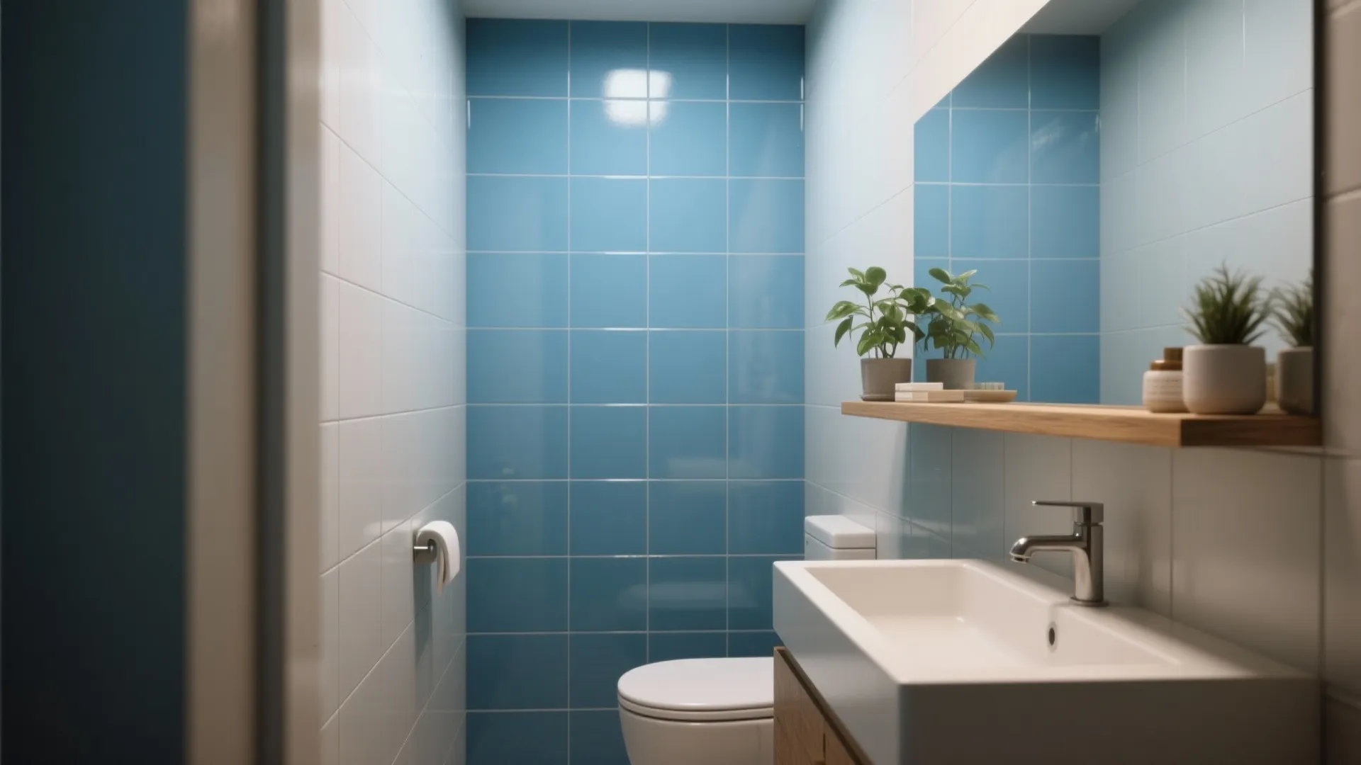 1. Full-wall blue porcelain as a focal backdrop