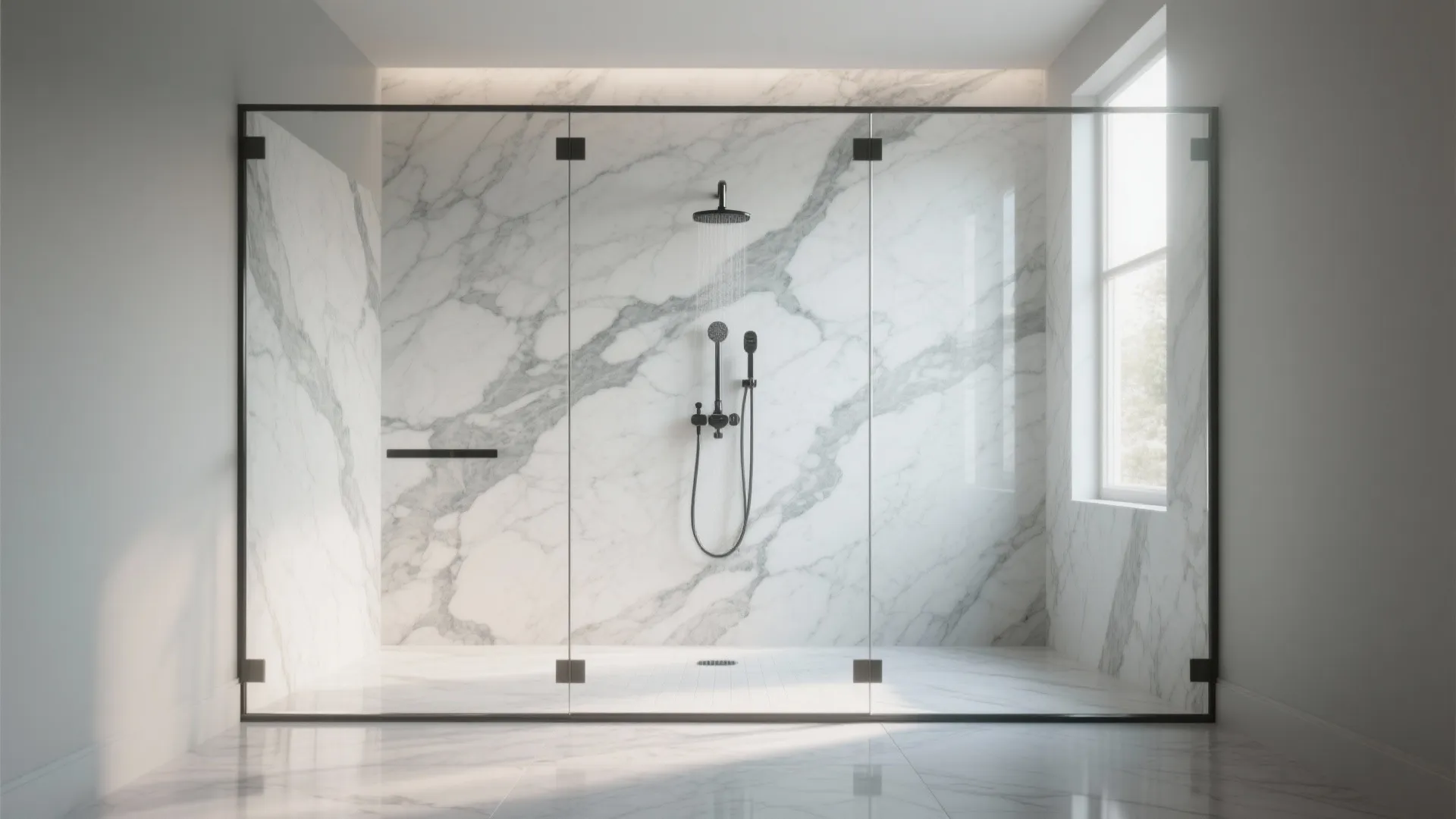 1. Full-wall Calacatta as a Shower Backdrop