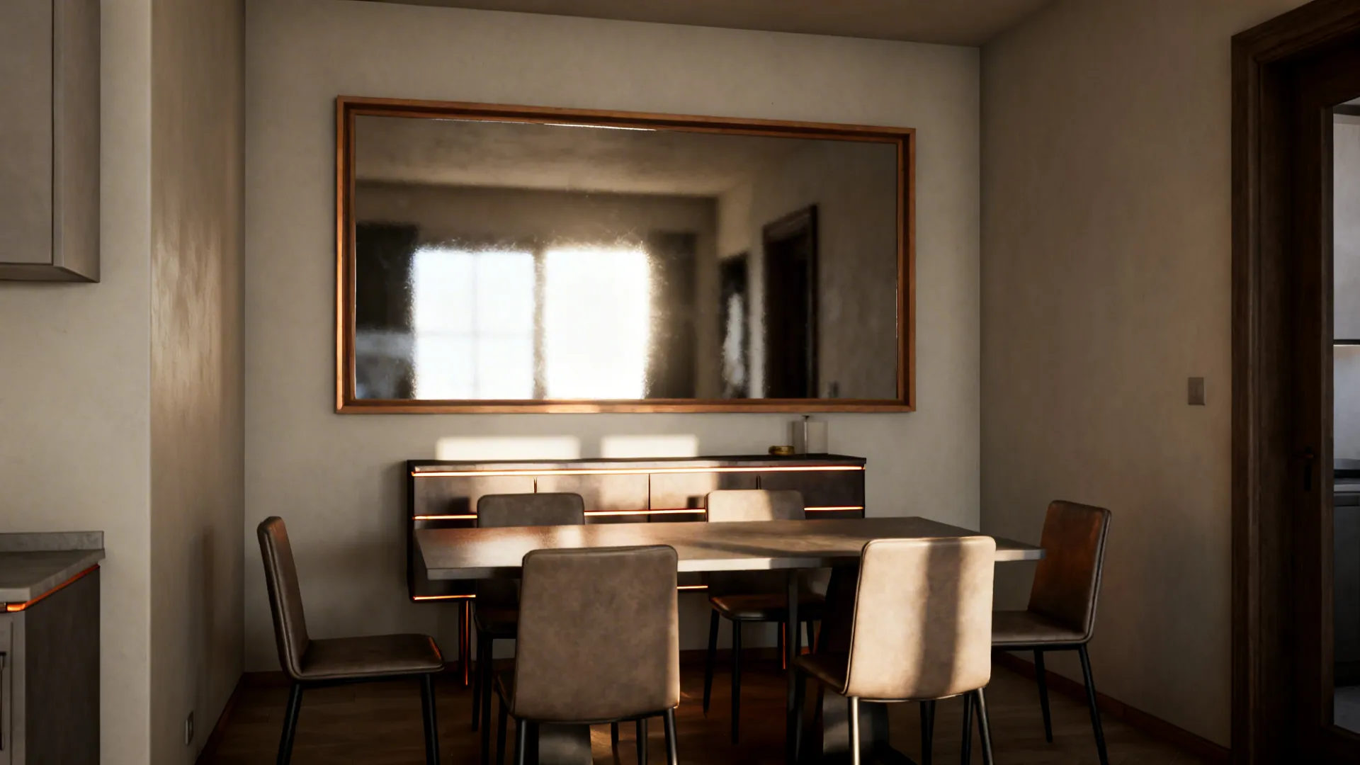 Compact dining area with a full-wall mirror framed in slim wood reflecting daylight