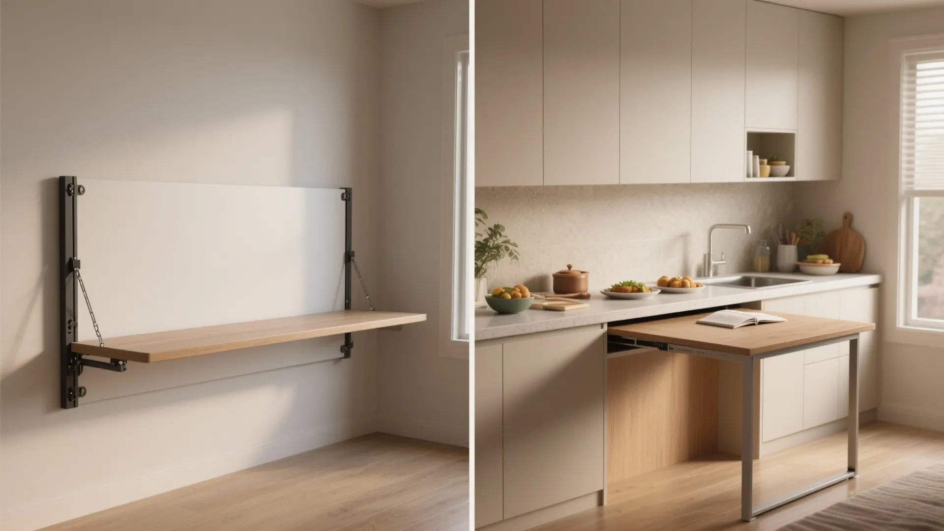 5. Full-width fold-down table that doubles as counter