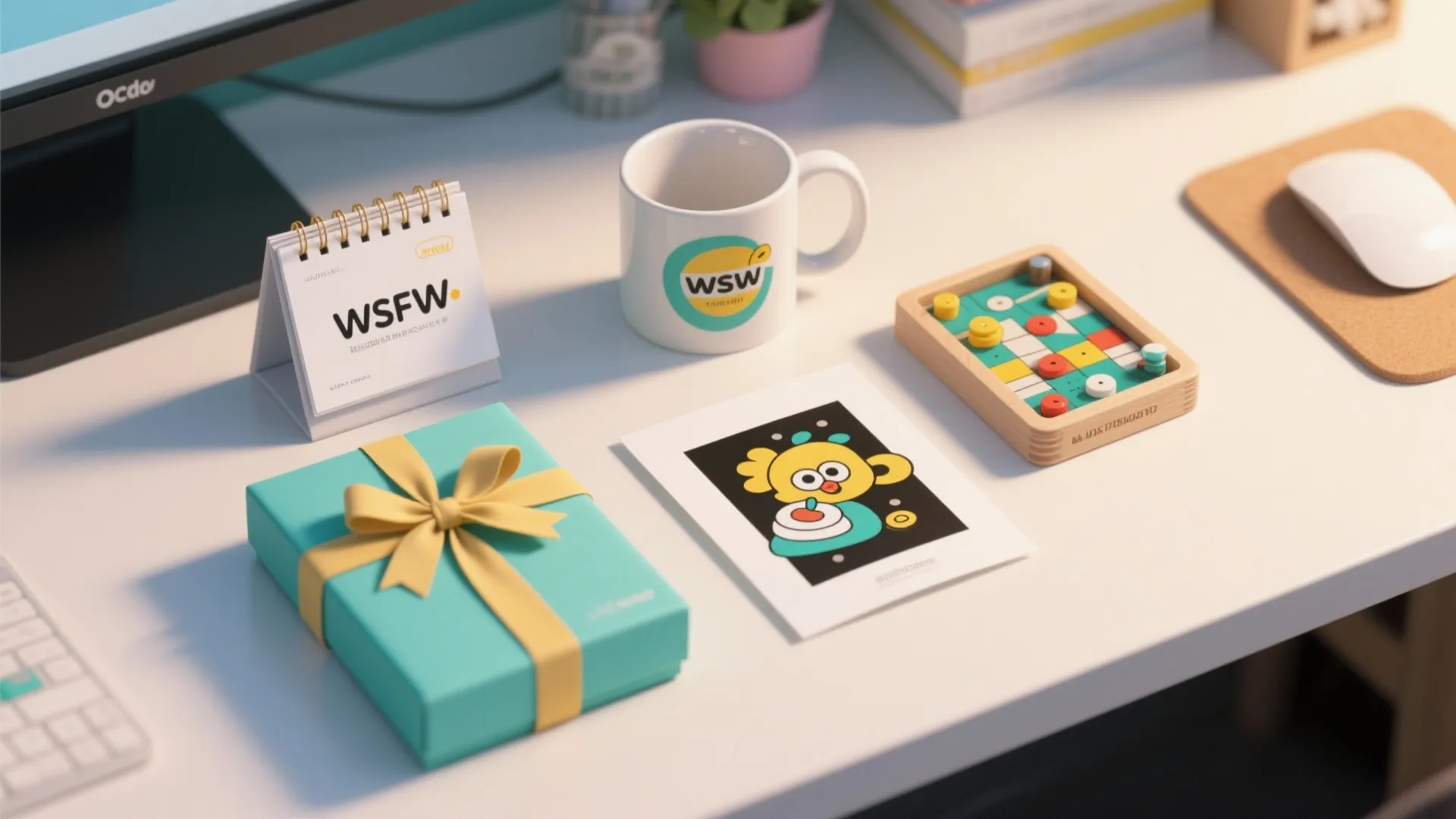 White desk with teal gift box calendar white mug colorful postcard and small wooden puzzle game