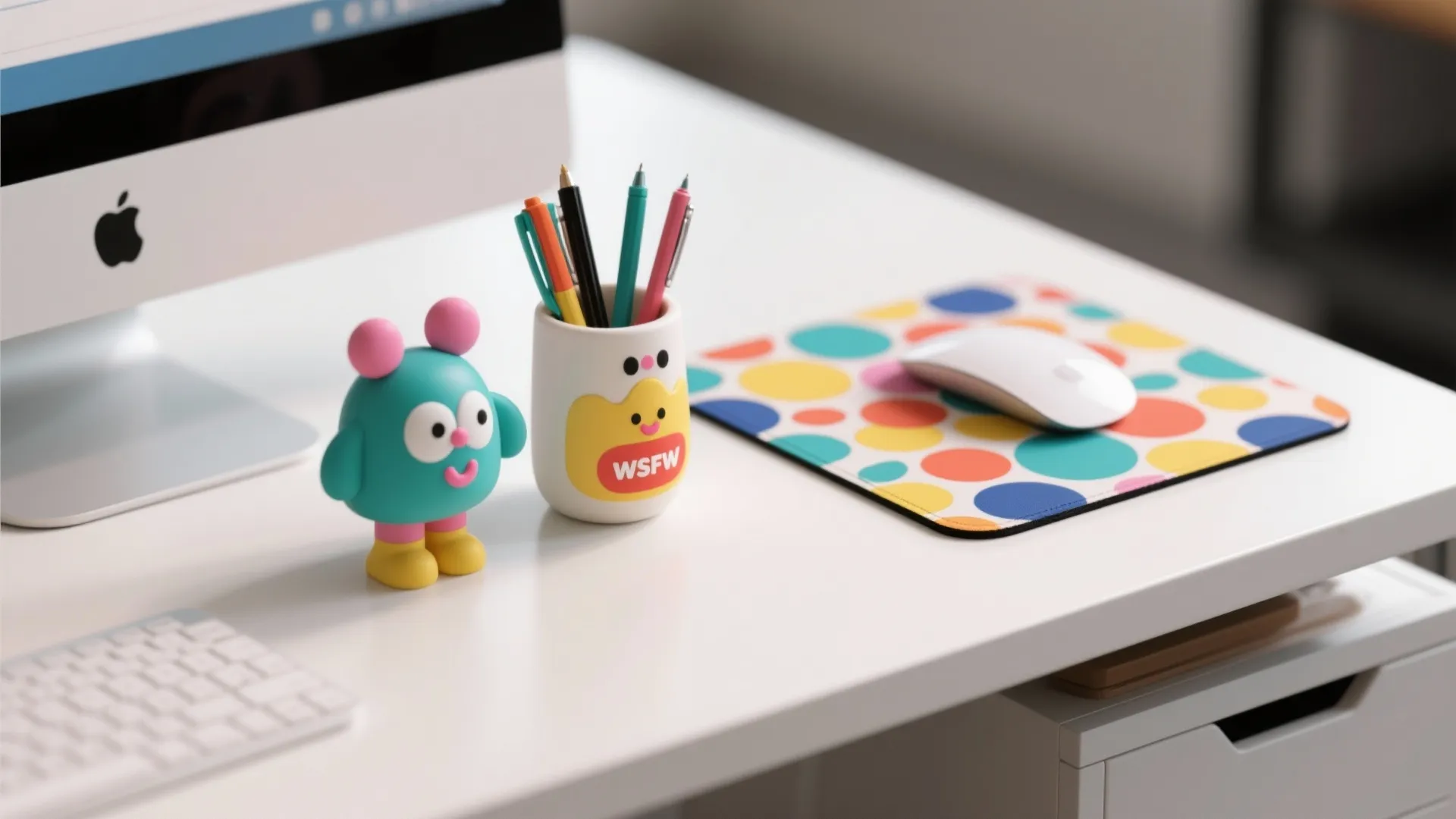 Colorful desk accessories with pen holder toy figure computer mouse and patterned polka dot mat