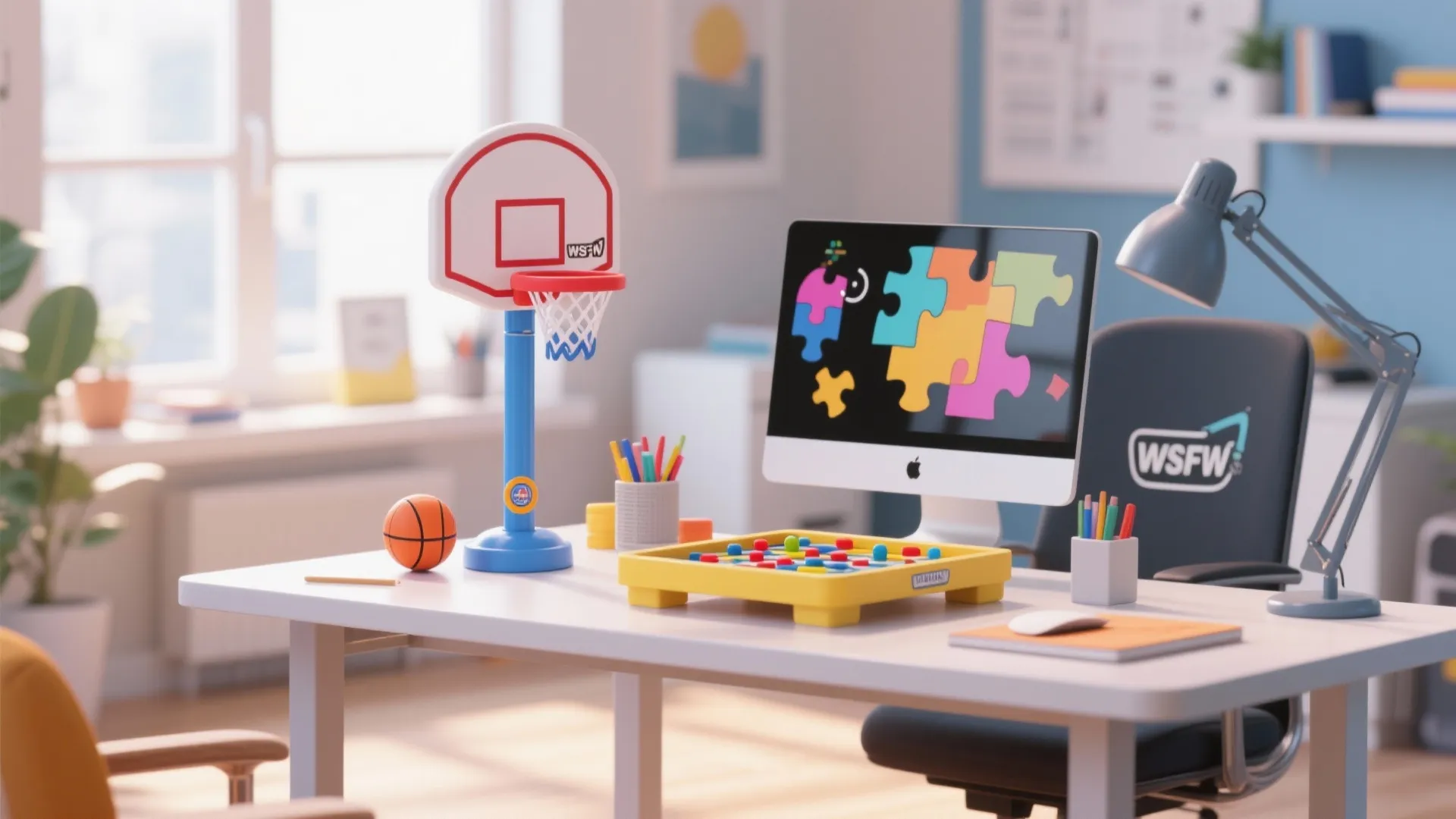 Office desk featuring a mini basketball hoop toy and colorful puzzle games next to computer