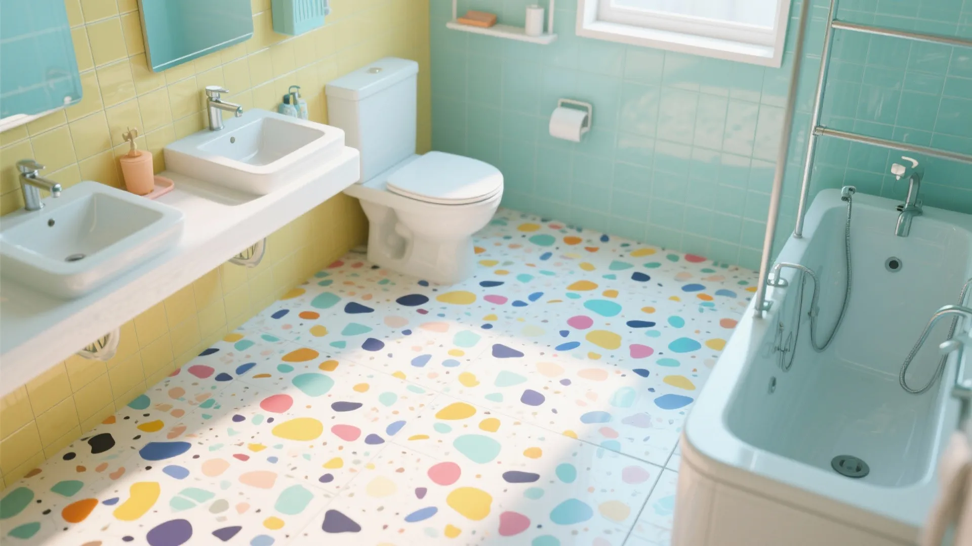 Colorful bathroom with bright patterned floor tiles double sinks white toilet and light blue bathtub