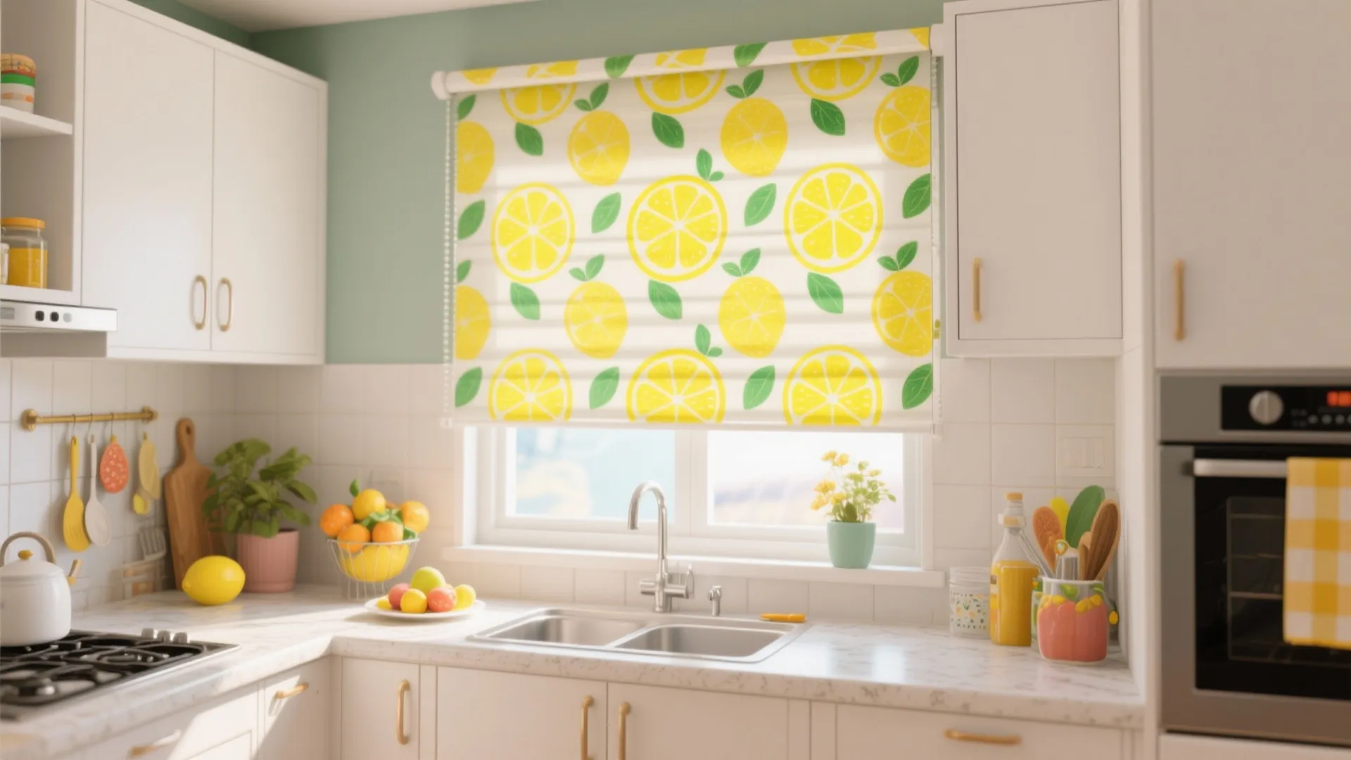 Bright modern kitchen with yellow lemon pattern window blinds white cabinets and double metal sink