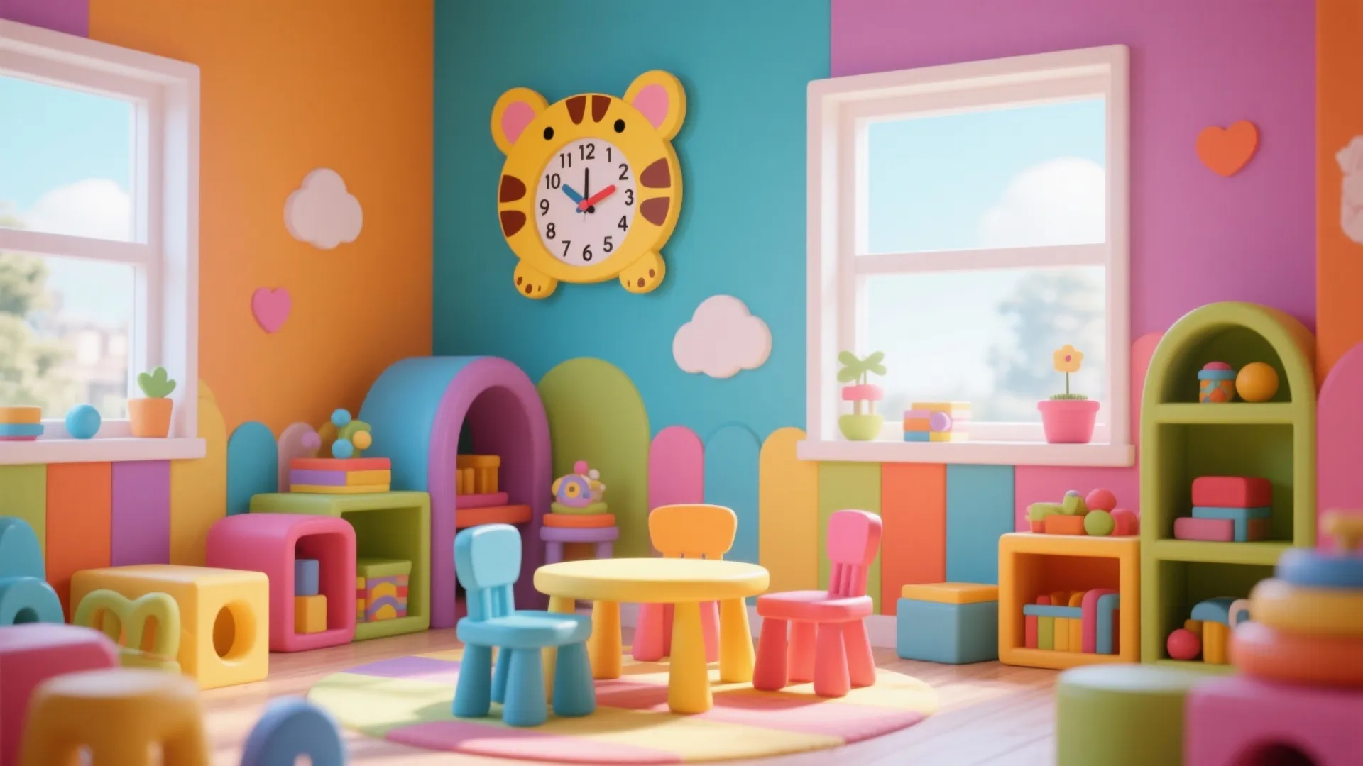 Animal-shaped wall clock in a bright children’s playroom