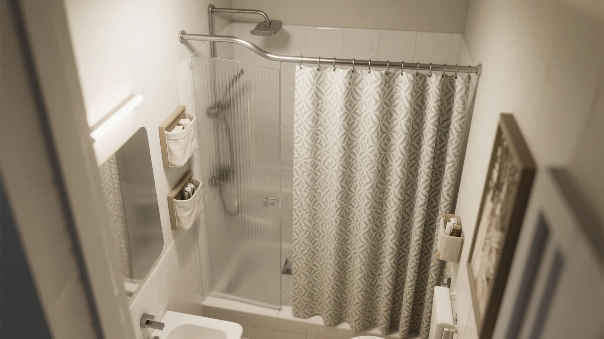 Small modern bathroom featuring patterned curtain shower head glass partition and organized wall storage bags layout