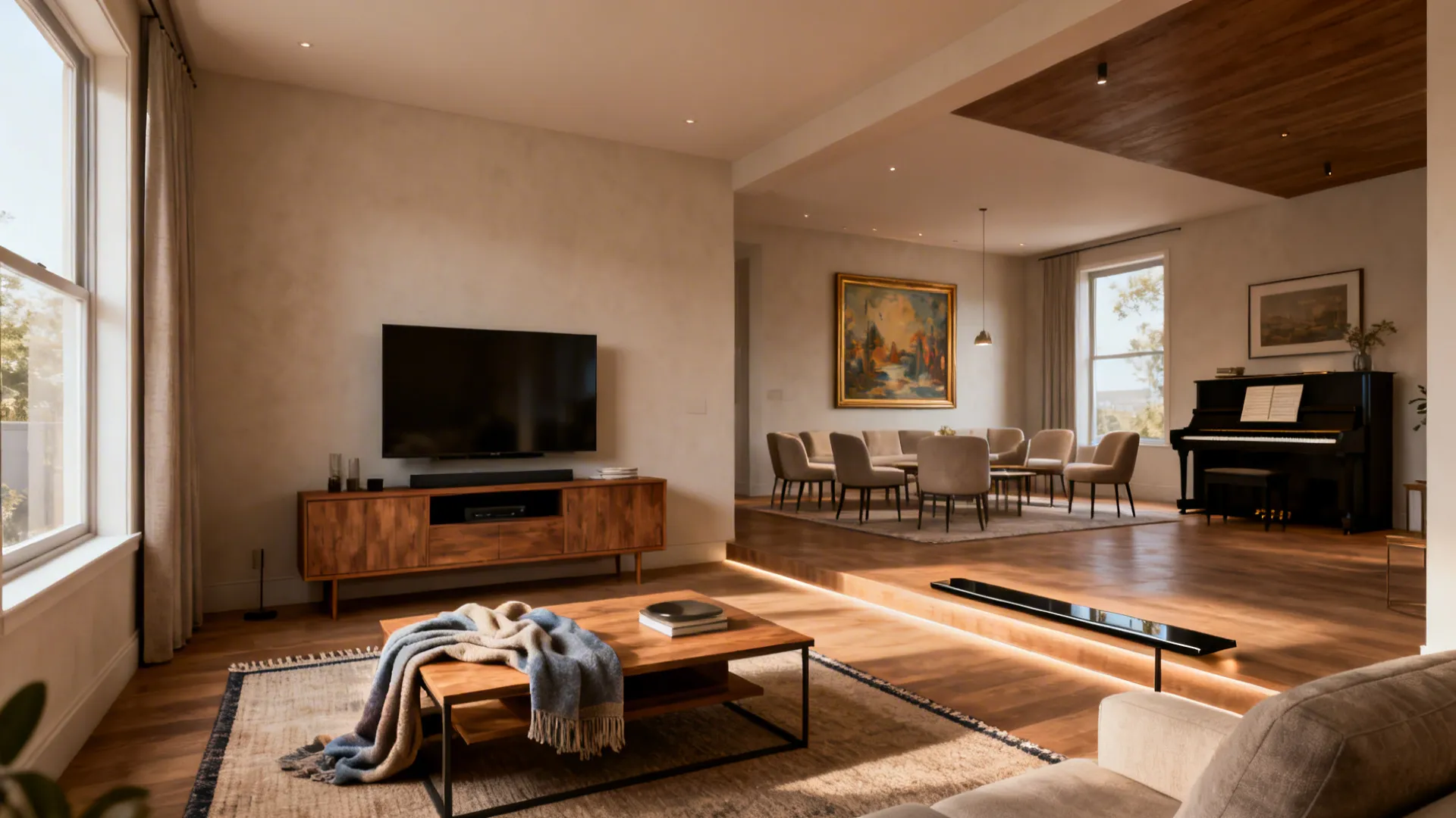 Interior showing a casual living nook with TV opposite a formal reception corner with a piano and upright seating.