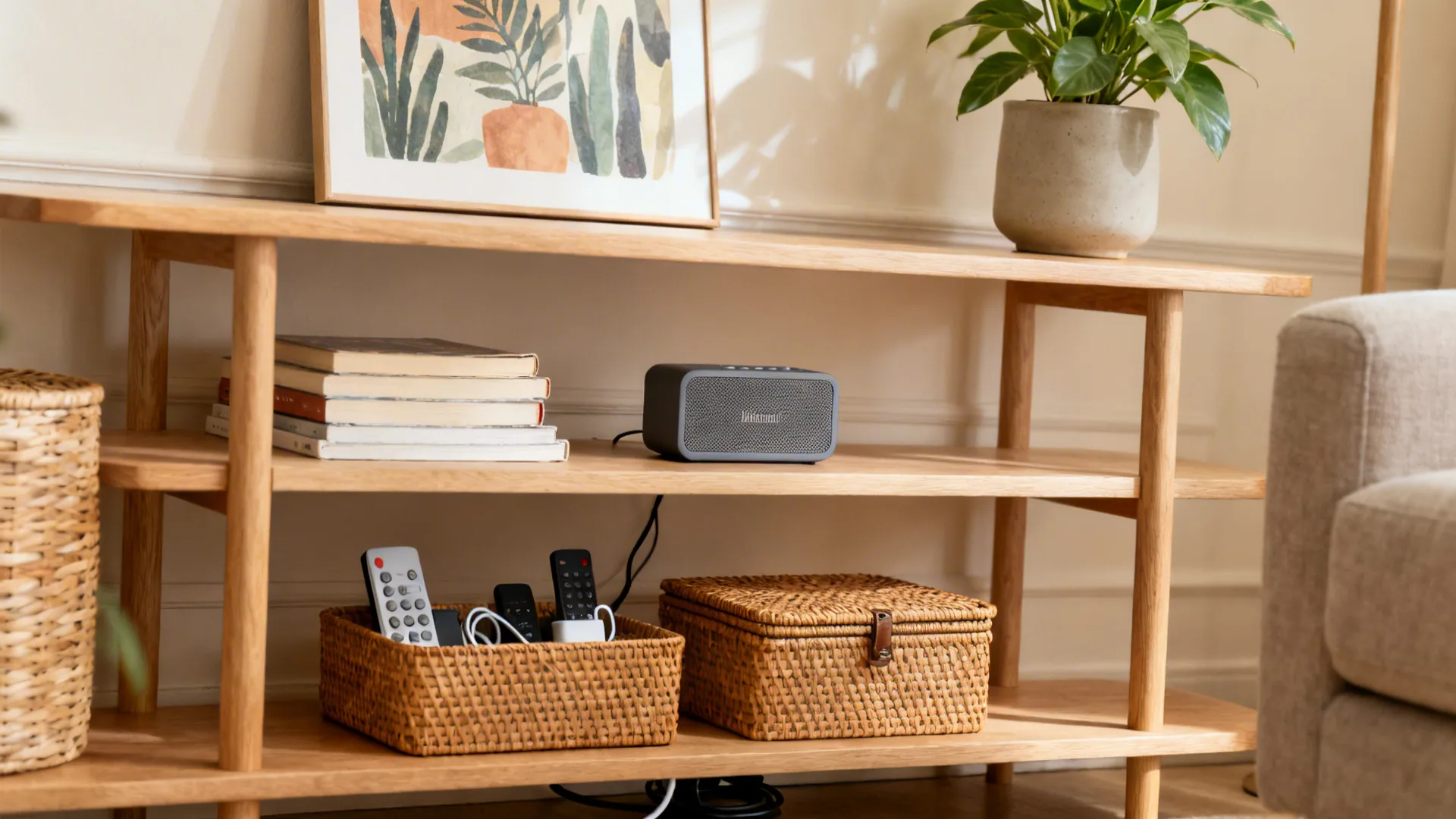 Floating shelves with art, books, speaker, and rattan bins neatly blending storage and display.