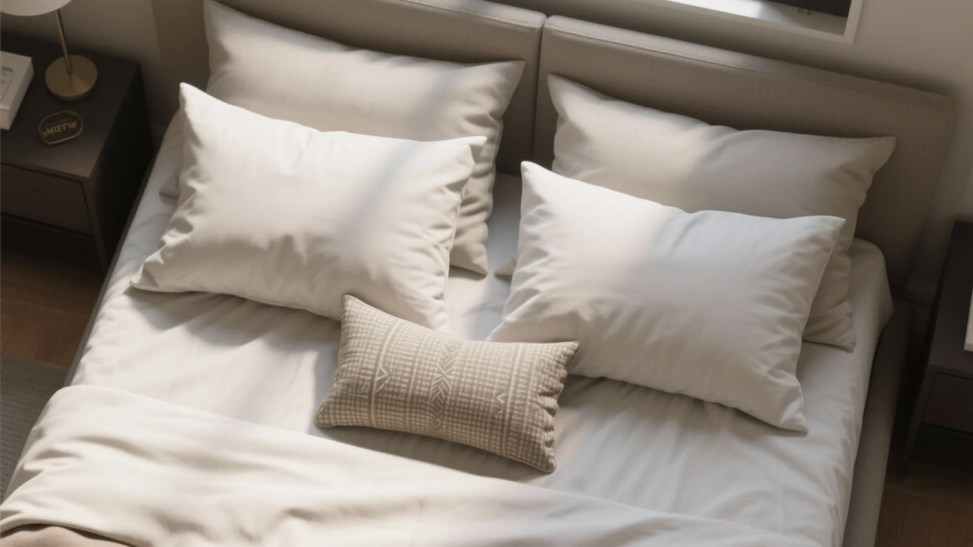 Top-down view of a queen bed with two euro shams, two sleeping pillows and a lumbar decorative pillow arranged for function.