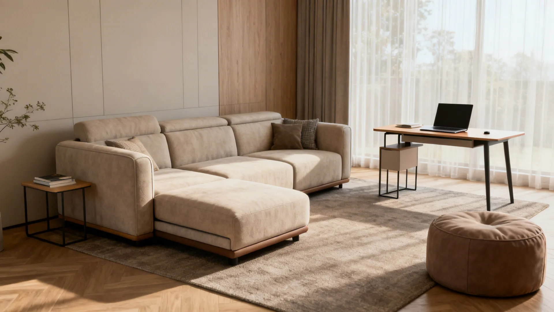 Living room arranged into activity zones with a modular sofa, small desk, and pouf for flexible use.