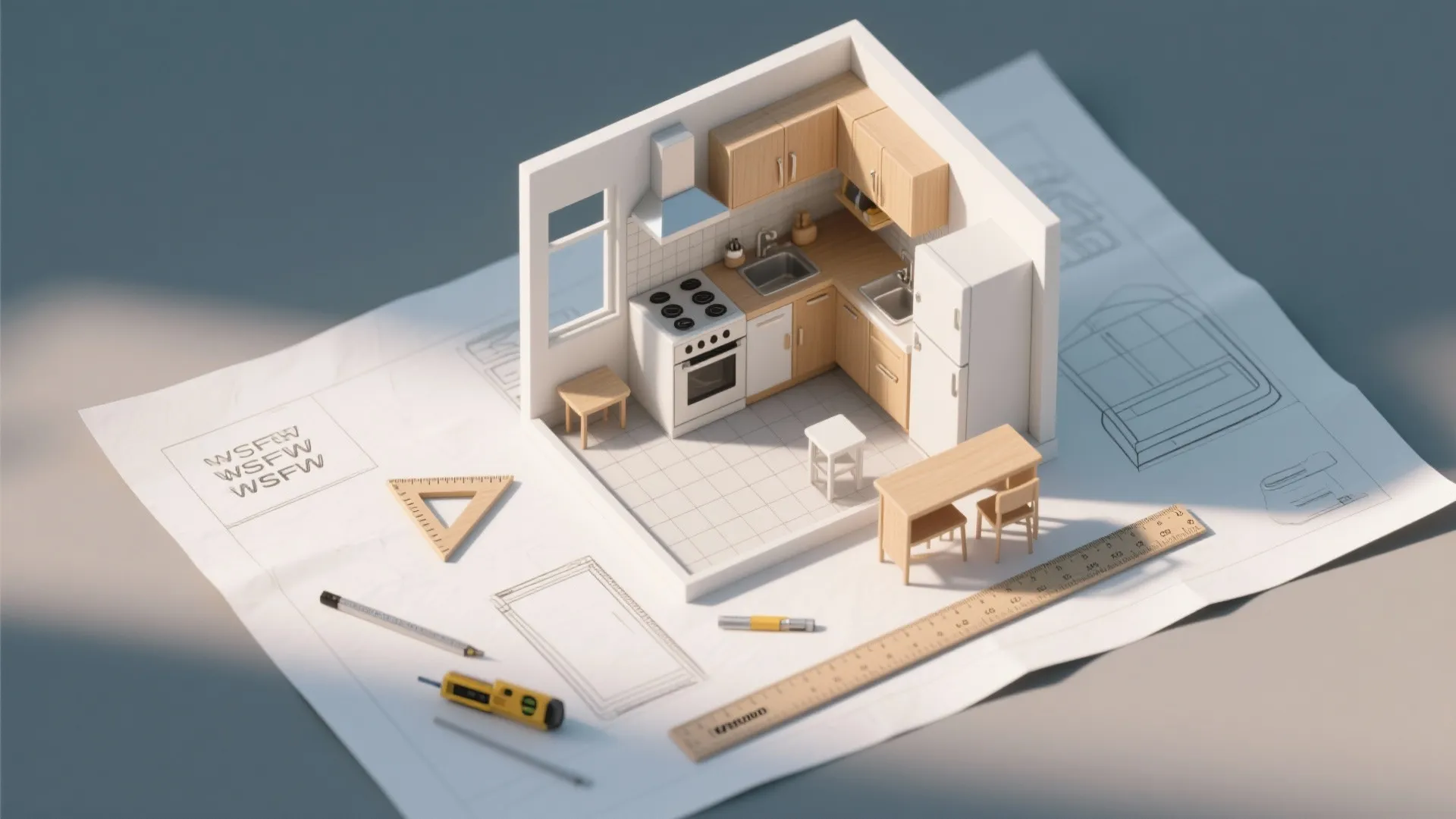 Miniature 3D kitchen model on a paper floor plan with drawing tools and wooden furniture