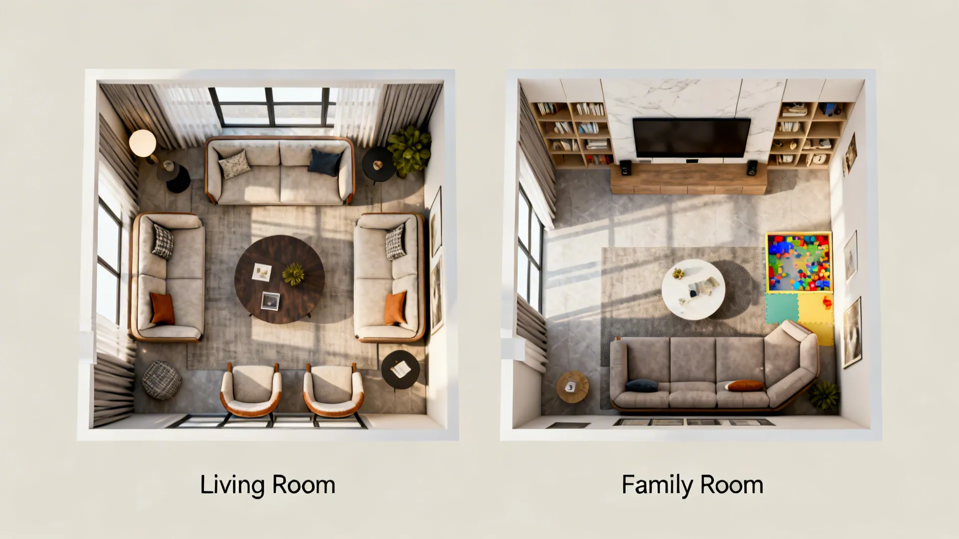 Interior design drawing showing a side by side comparison of living room and family room layouts