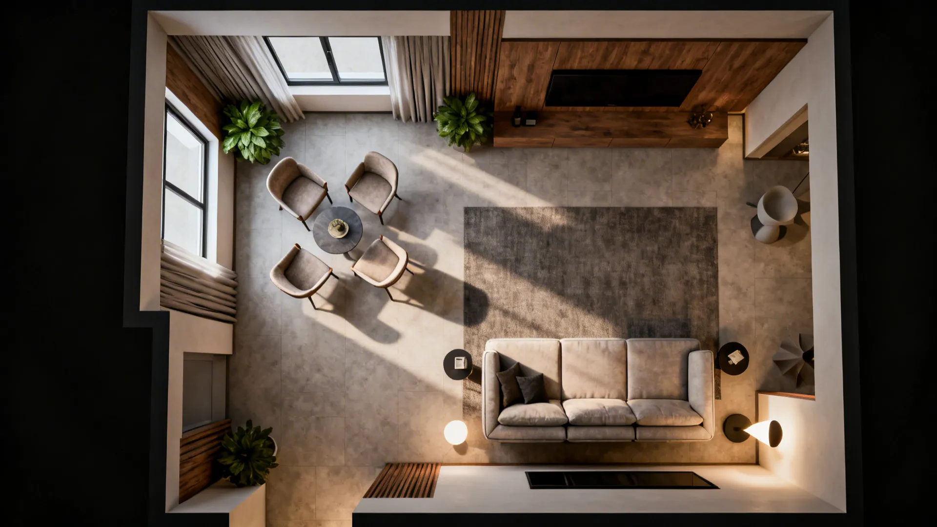 Top-down view showing drawing-room seating by the window and living-room seating near the media wall with clear walkways.