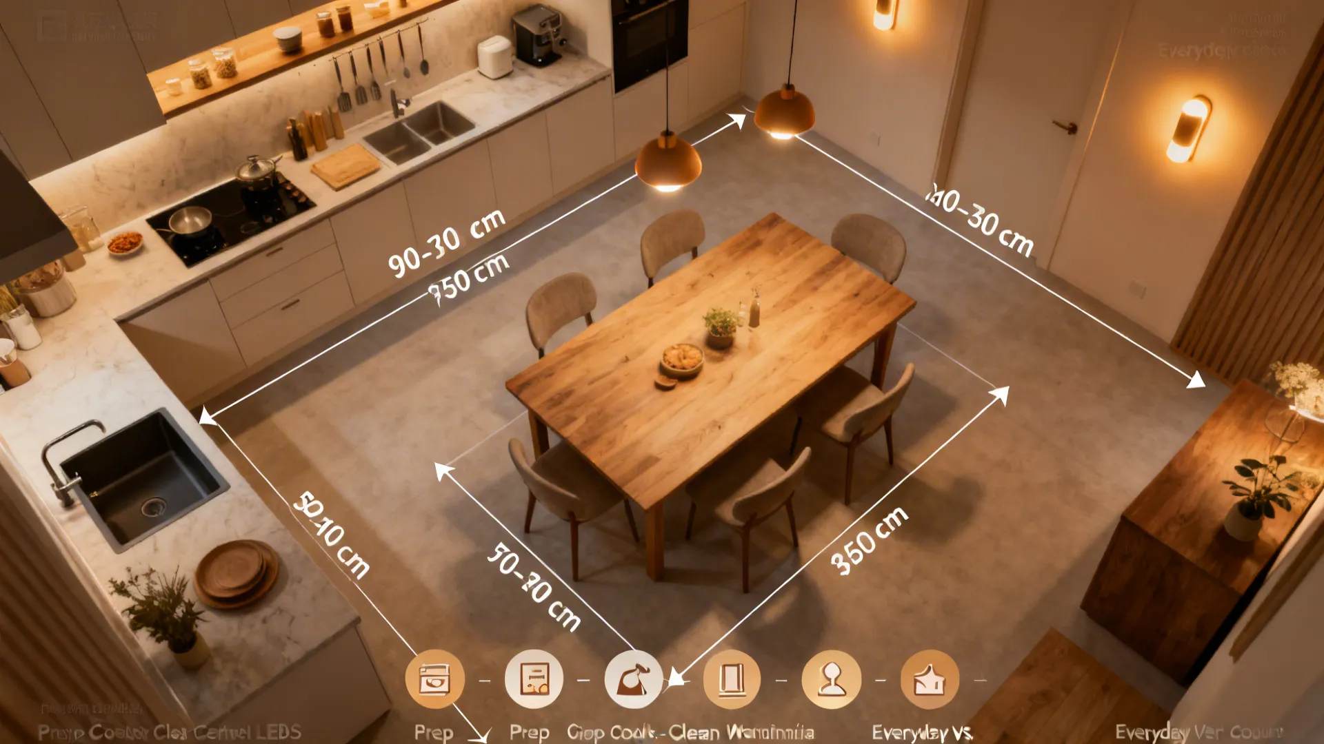 Top-down plan showing kitchen-dining clearances, work zones, and layered lighting.