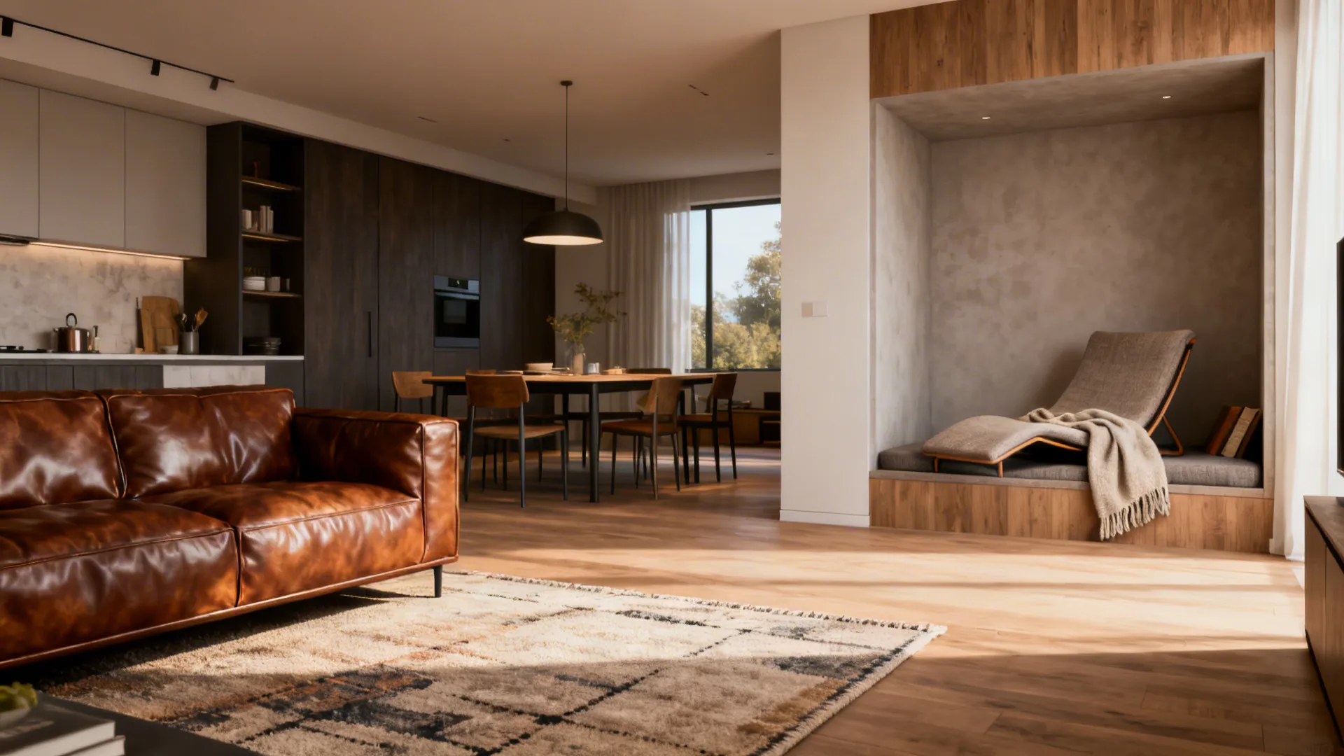 Open-plan space with leather seating for dining area and fabric chair in a lounge nook