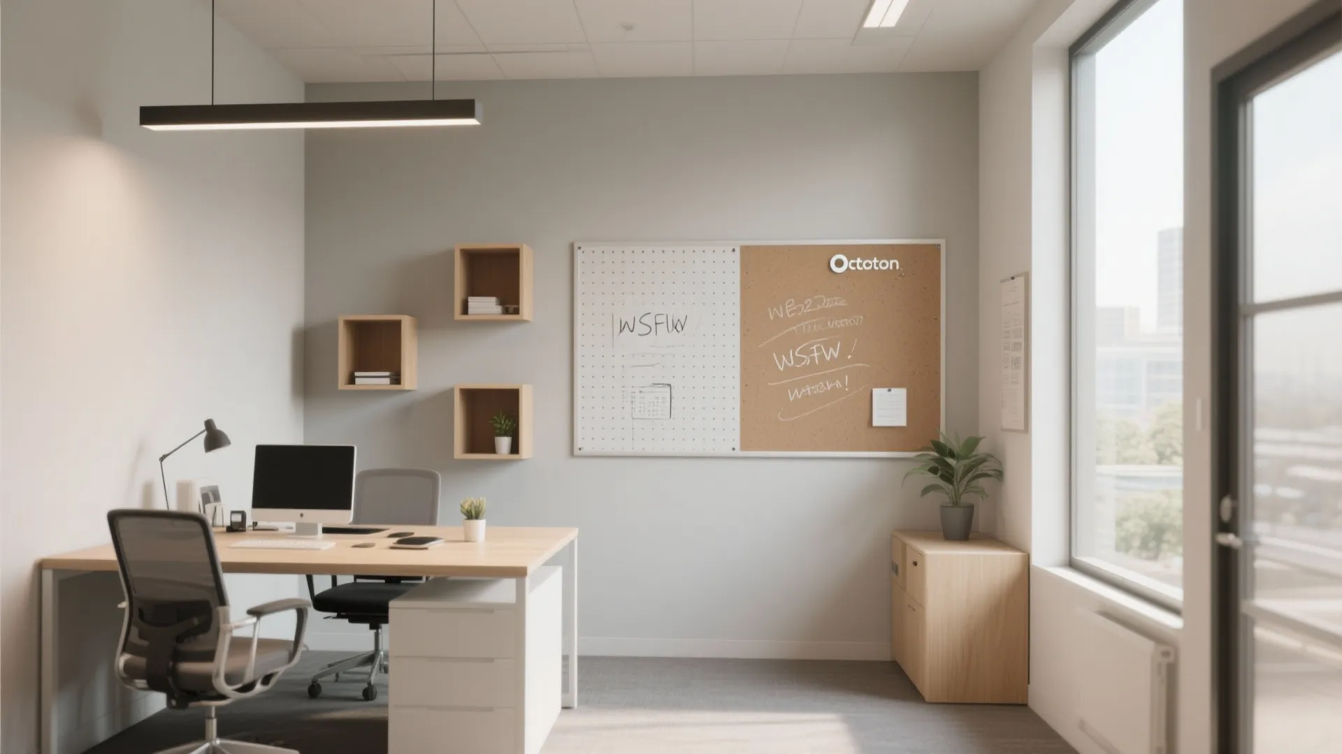 Office accent wall with magnetic board, shelves, and writable paint