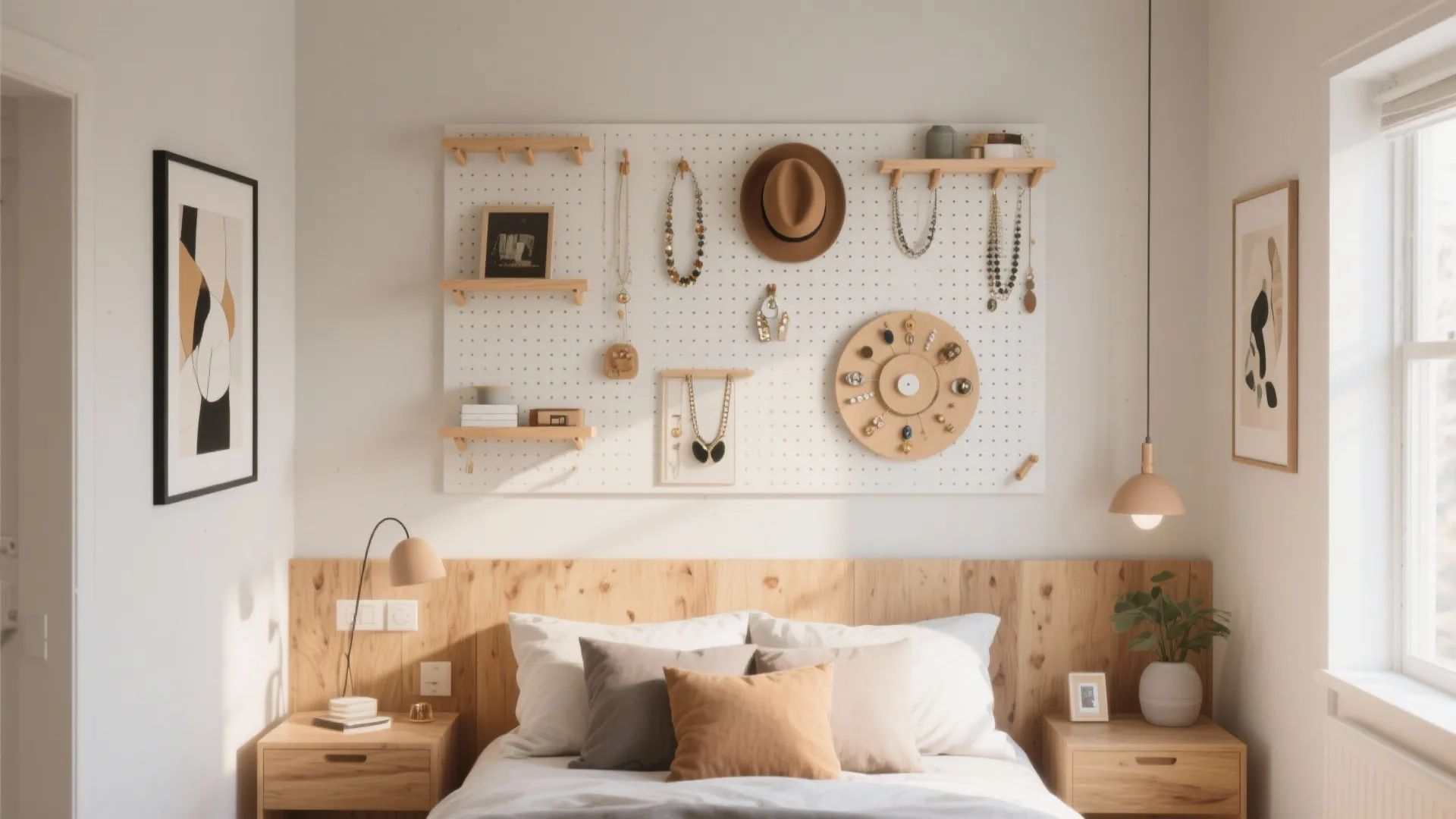 Modern bedroom with a white pegboard organizer for jewelry and hats above a wooden headboard