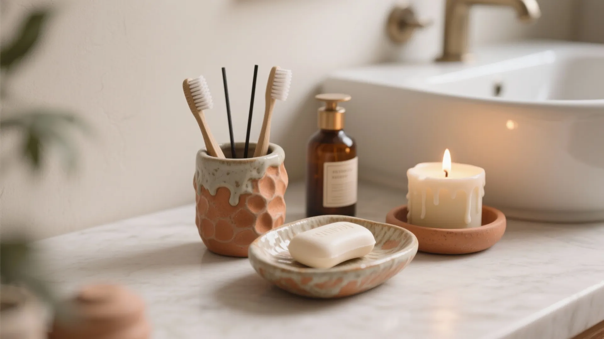 Bathroom sink area with toothbrushes soap dish candle and brown glass bottle on marble top