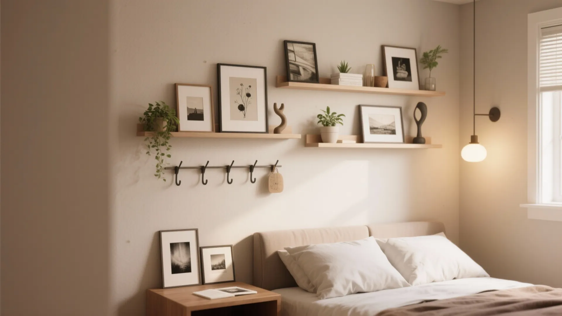 Bedroom wall with floating shelves holding framed pictures and plants above a simple coat rack