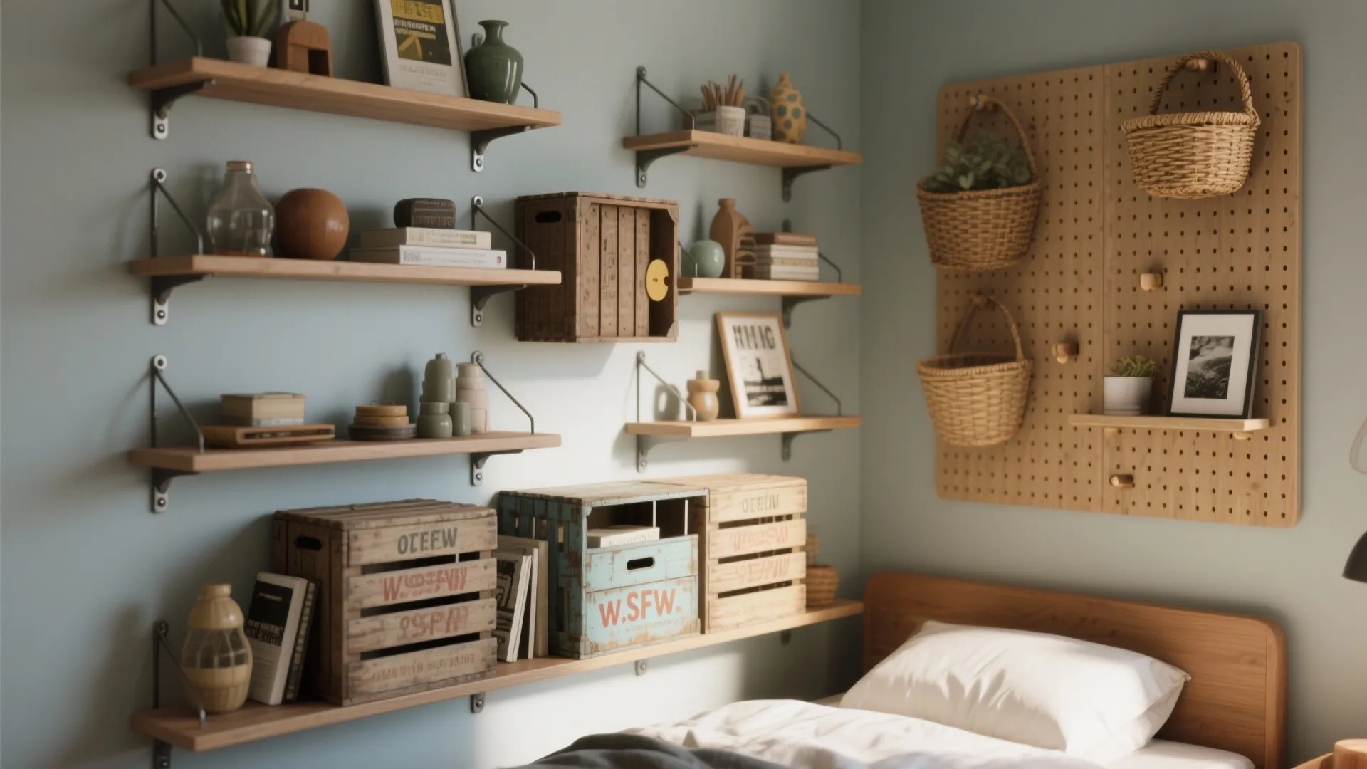 Cozy bedroom wall with wooden shelves, storage boxes, pegboard, hanging baskets, and a comfortable bed