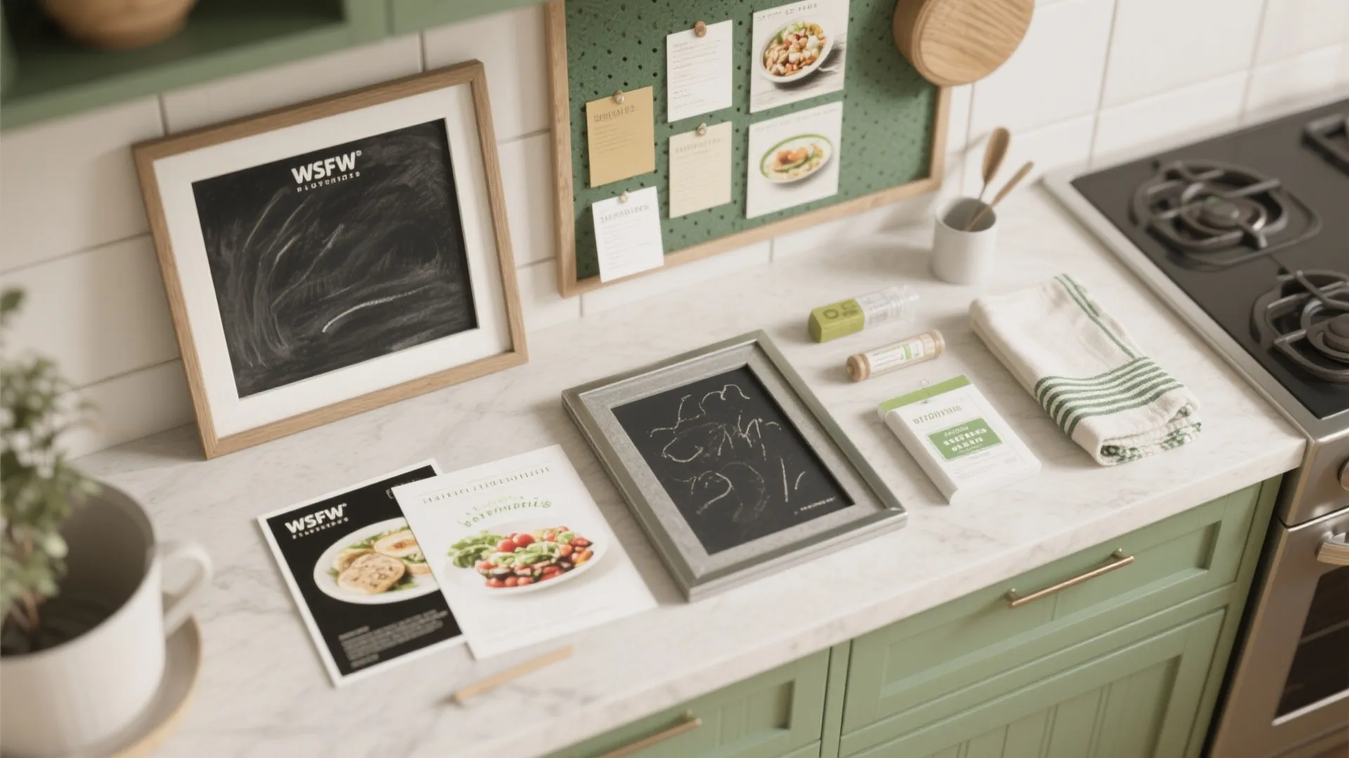 Green kitchen counter with small chalkboards recipe cards green pin board and a white towel