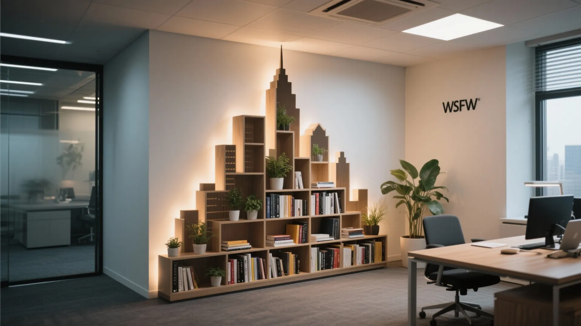 Unique skyscraper shaped wooden bookcase filled with books and small green plants in modern office