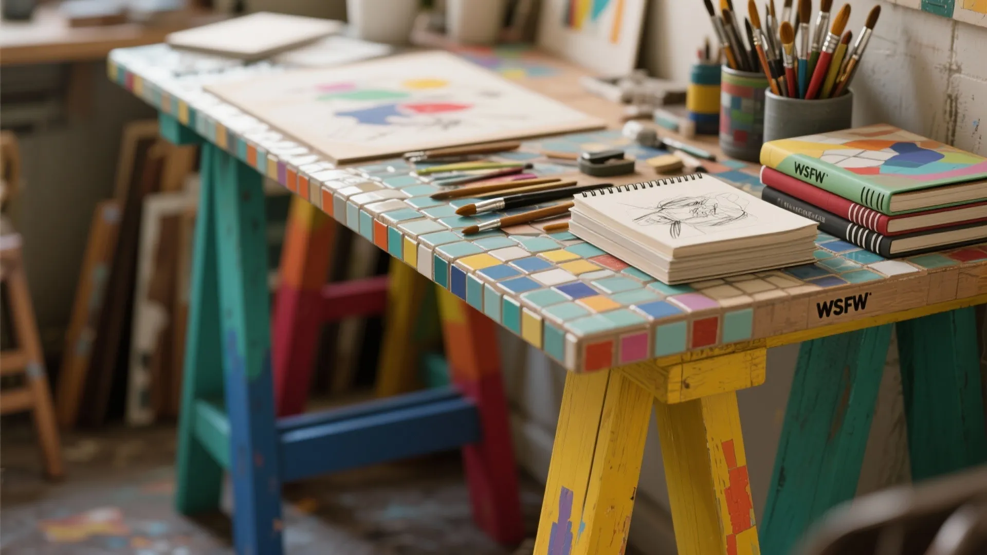 Colorful mosaic tile table top with art brushes and notebooks in a bright creative work space