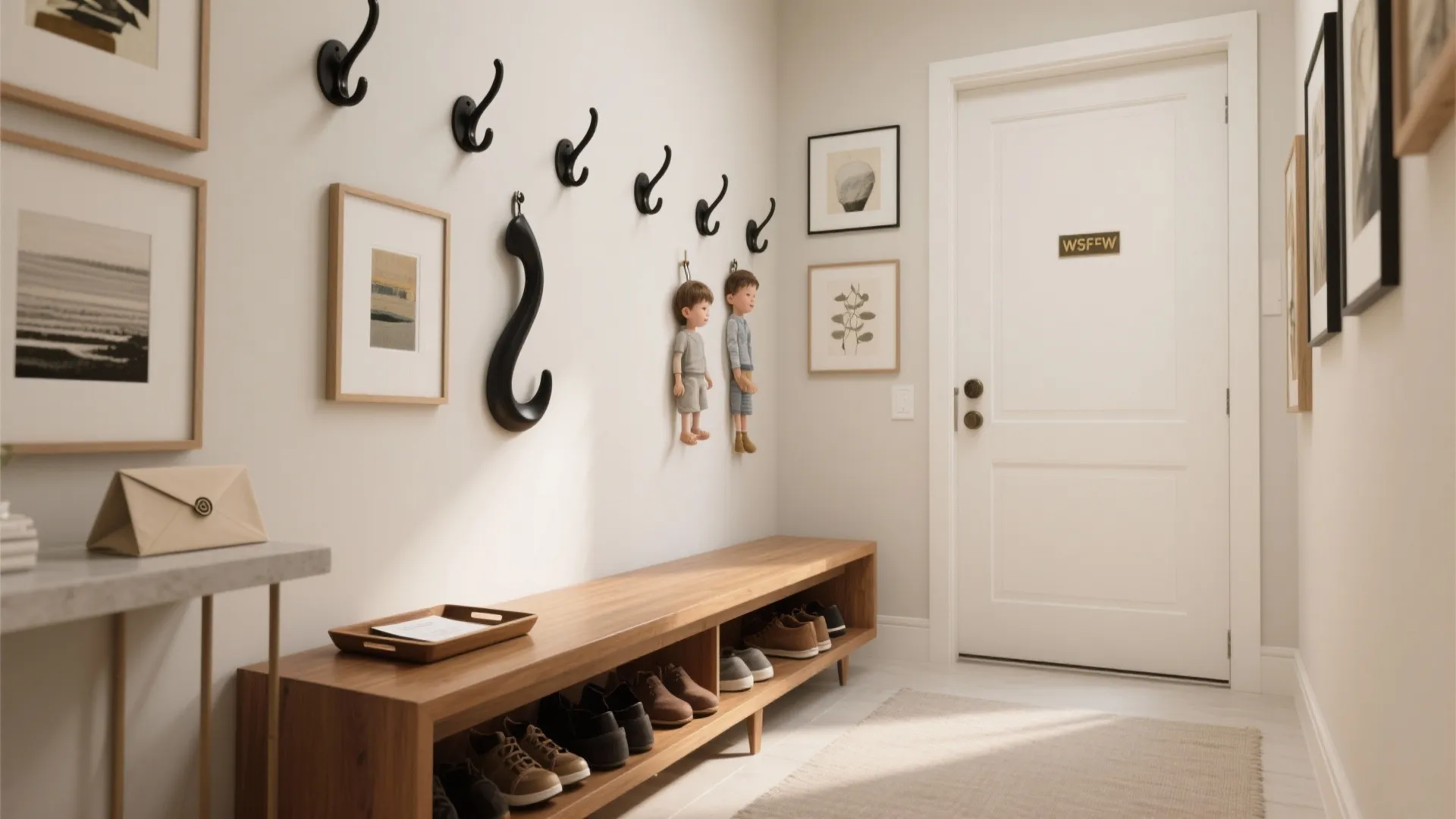 Functional art: hooks, benches, and a gallery spine