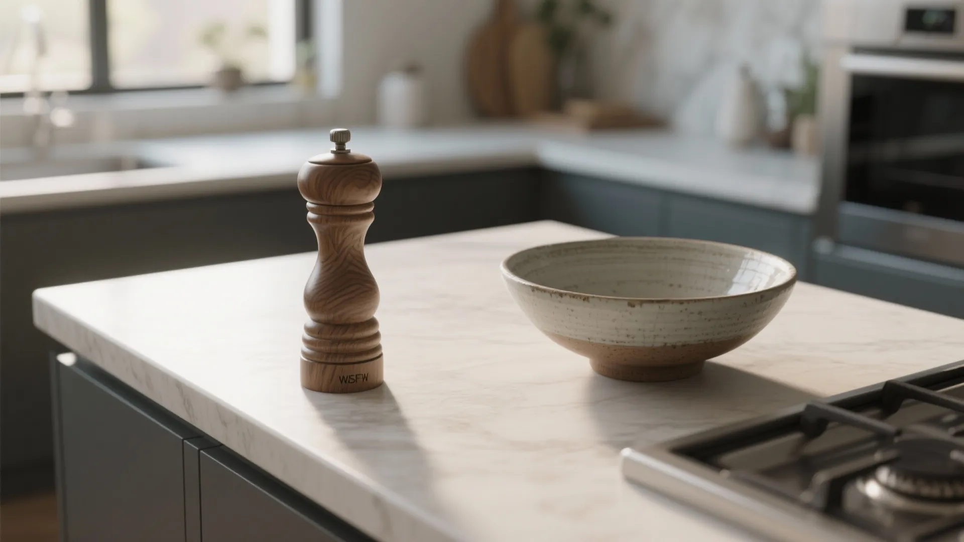 Wooden pepper grinder and ceramic bowl on a marble island in a modern grey kitchen