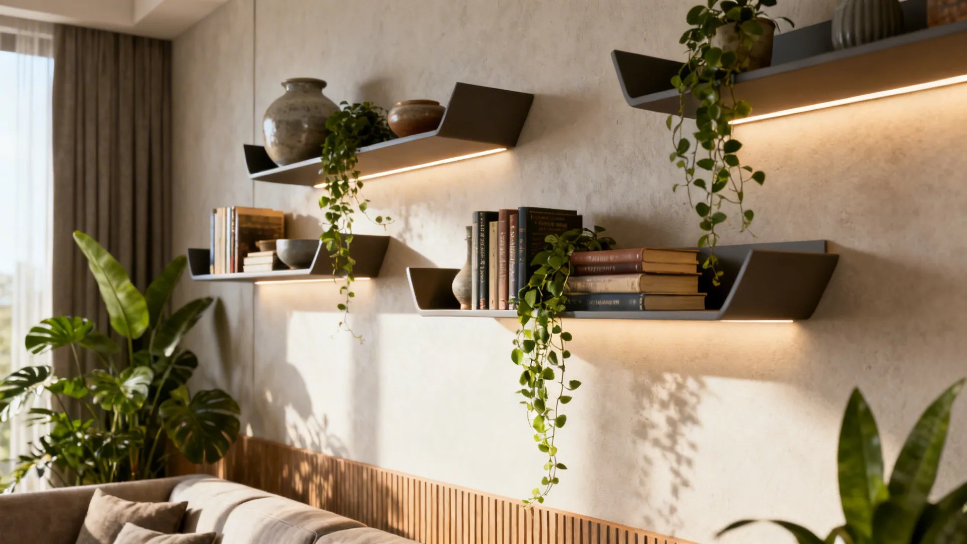 Floating sculptural shelves with plants, ceramics, and books creating functional wall art in a small living room.