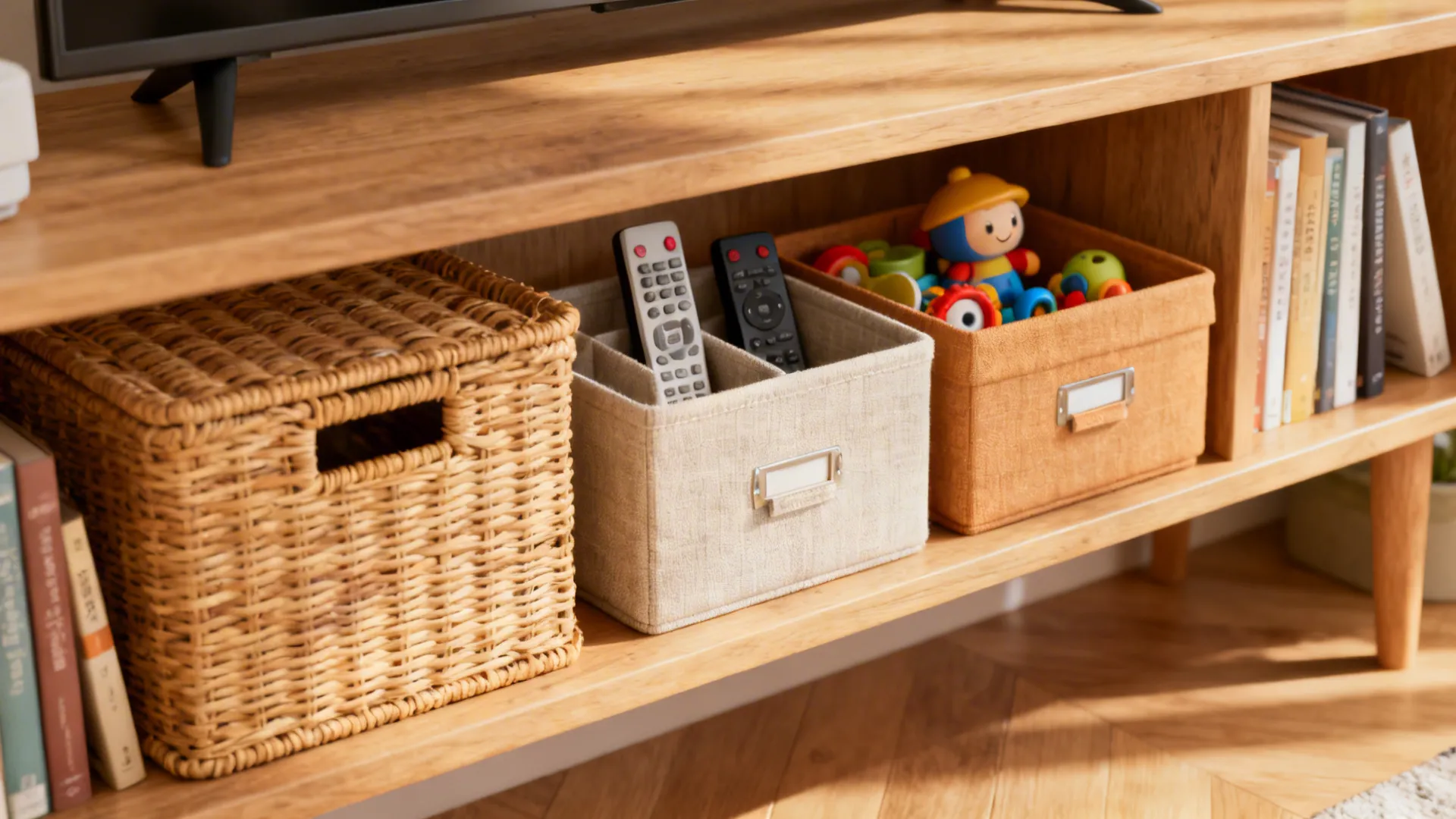 Lower shelves with matching baskets and boxes for tidy functional storage.