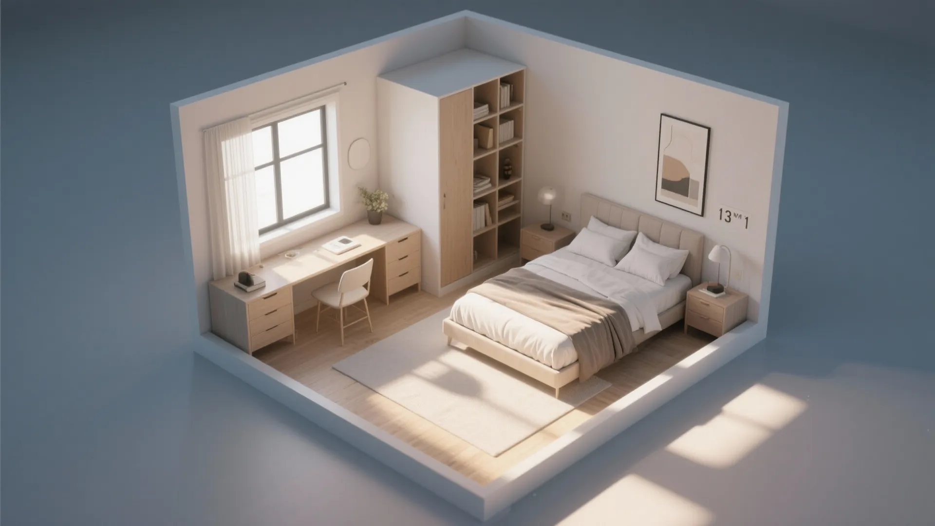 Modern bedroom design with light wood floor bed desk cabinet and window in three dimensional view