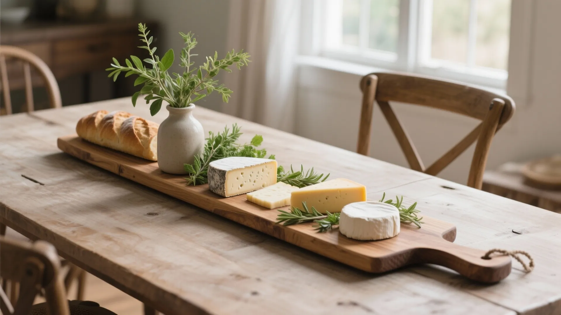 Wooden breadboard centerpiece with food and herbs
