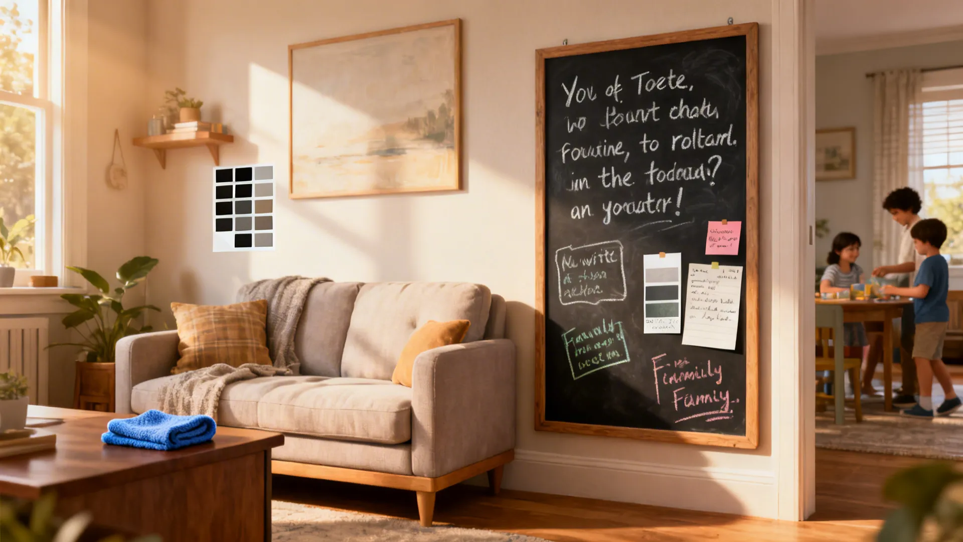 Family living room with a writable chalkboard decal showing a rotating quote and family notes.