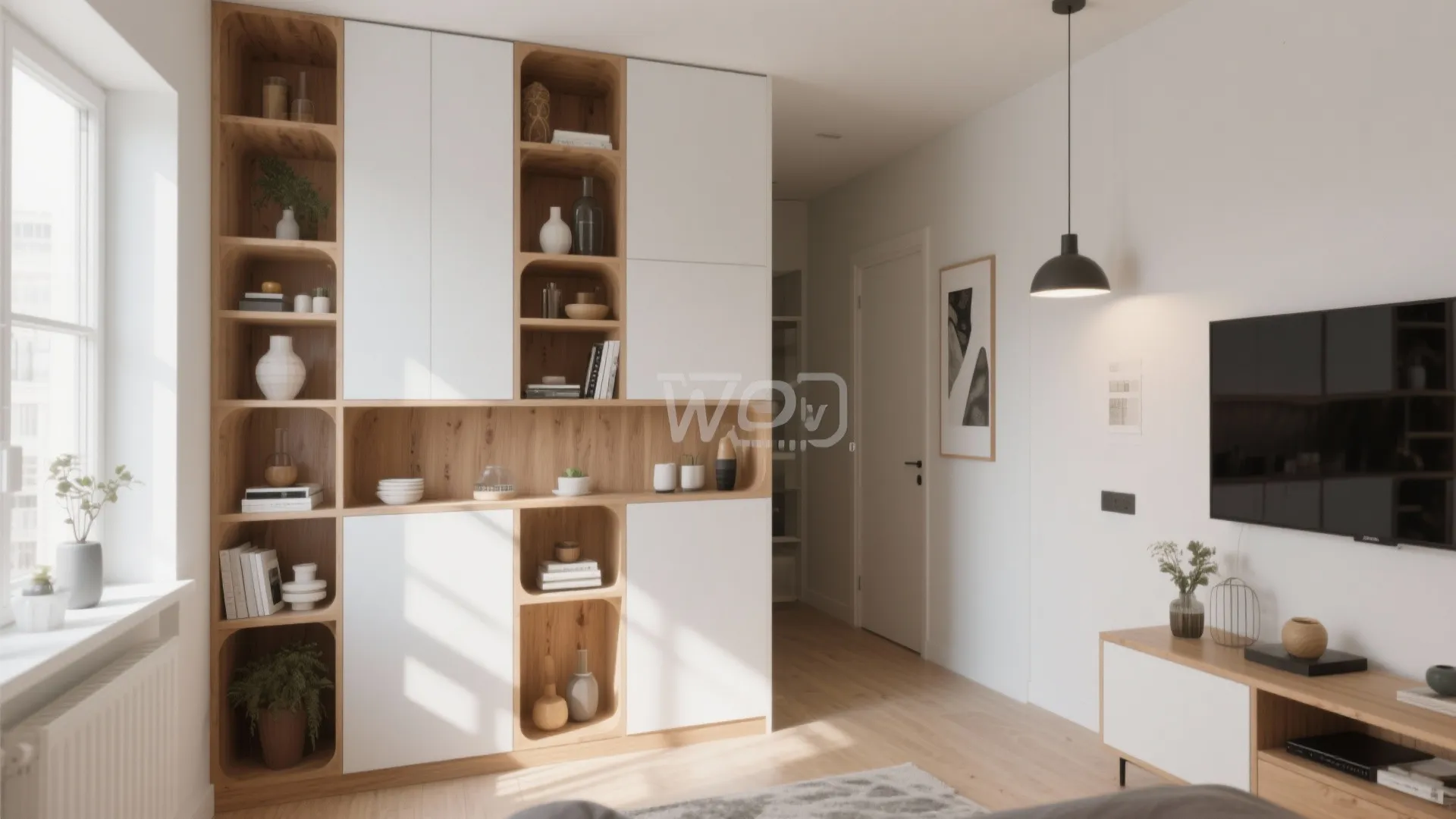 Modern white and wood cabinet with open shelves displaying books and vases in a living room