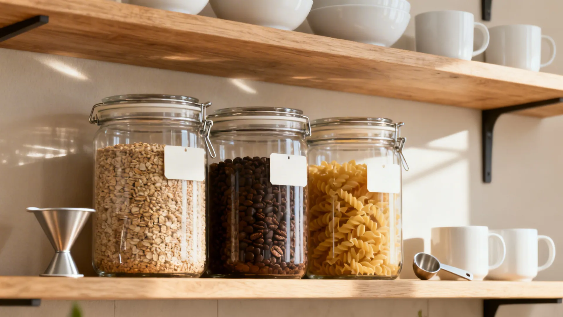 Open shelves with airtight glass jars neatly labeled and grouped for everyday use.
