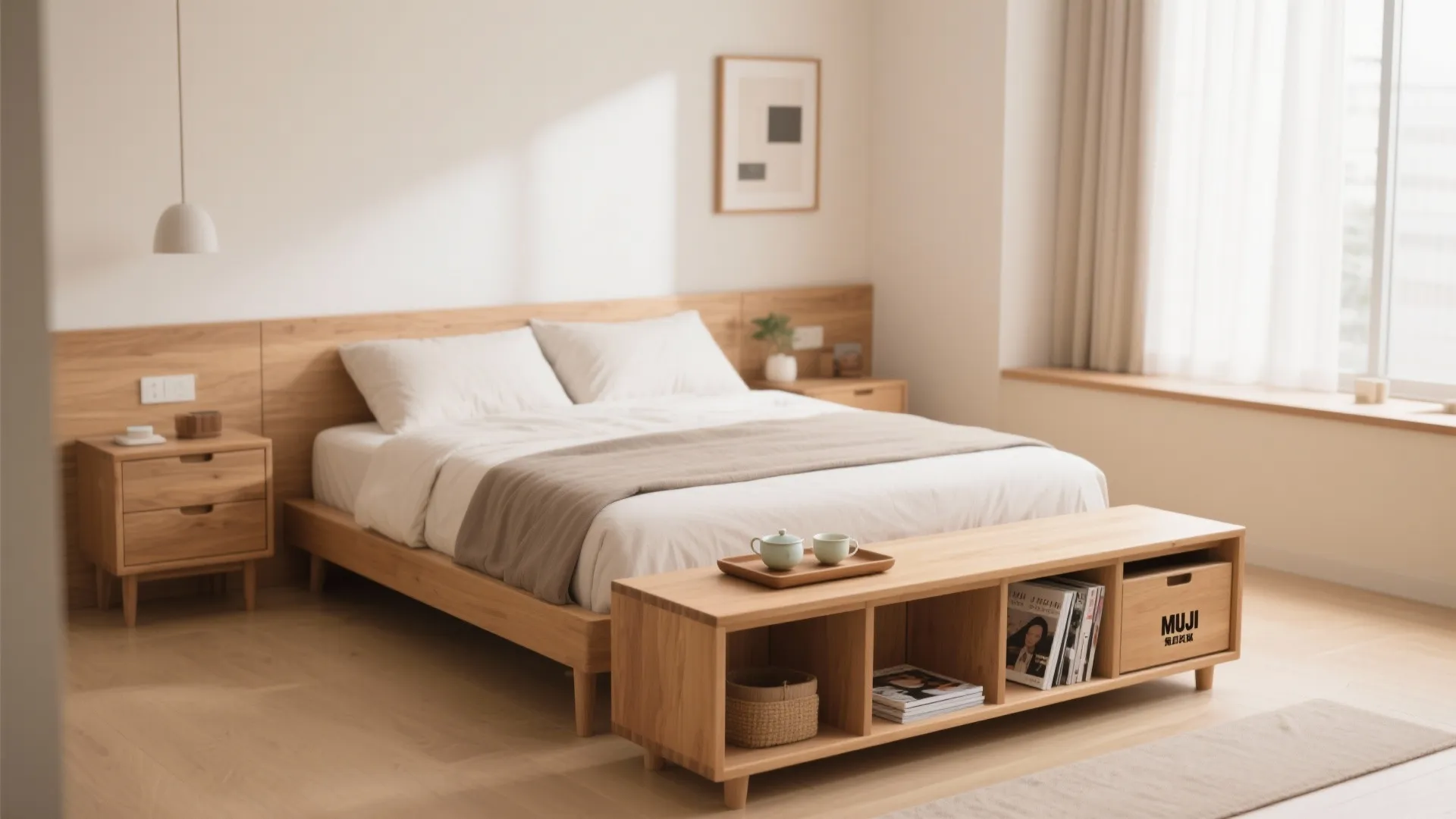 Muji bedroom with storage bench and tea set tray decor