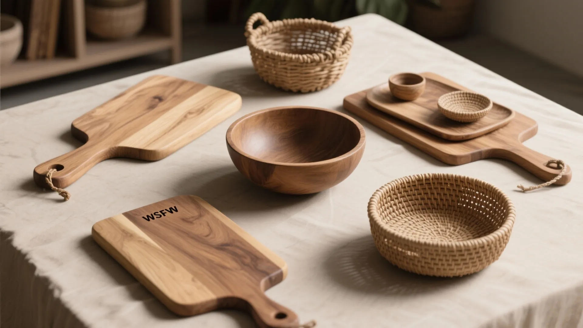 Wooden kitchen cutting boards and woven baskets placed on a light beige tablecloth in natural sunlight