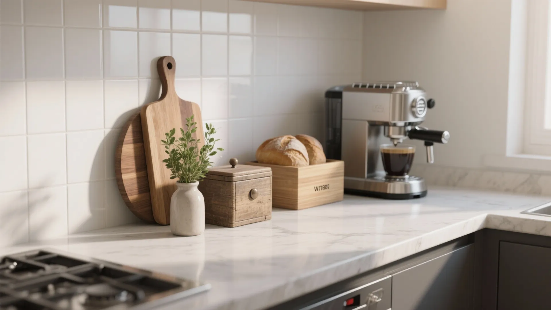 Modern white kitchen counter with coffee machine wooden cutting boards bread box and small green plant