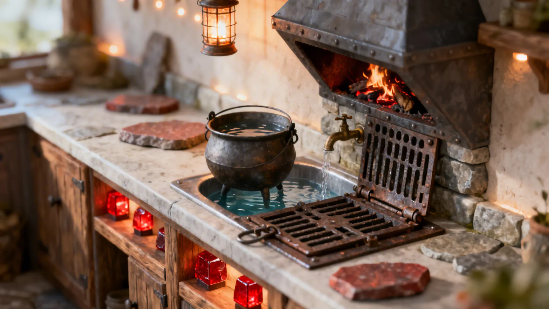 Close-up of a cauldron sink, trapdoor vent hood, and soft under-cabinet lighting.